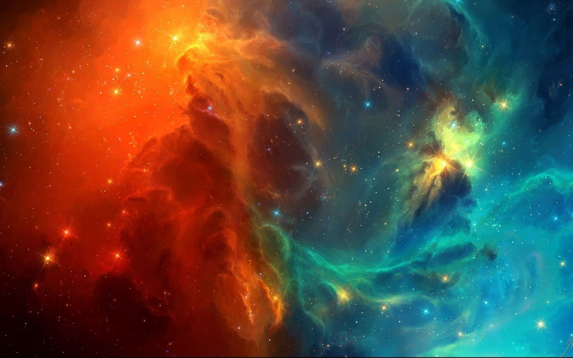 Space Nebula 桌布 壁紙 — 充滿活力的宇宙星雲在星空中以火熱的橙色和電光藍綠色旋轉。