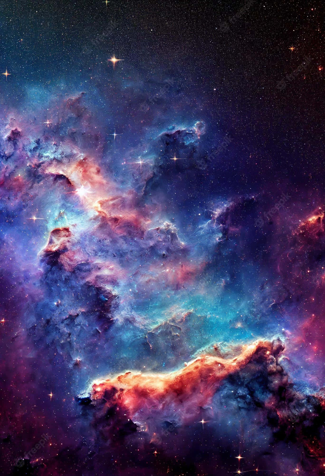 銀河 桌布 壁紙 — 充滿活力的宇宙星雲在星空中以電光藍、紫和火熱橙色旋轉。