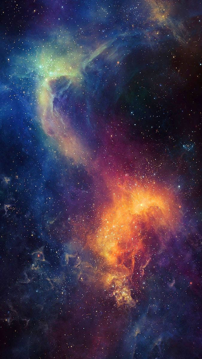 人像動態 桌布 壁紙 — 充滿活力的宇宙星雲在星空背景下以火熱的橙色和電光藍色旋轉。