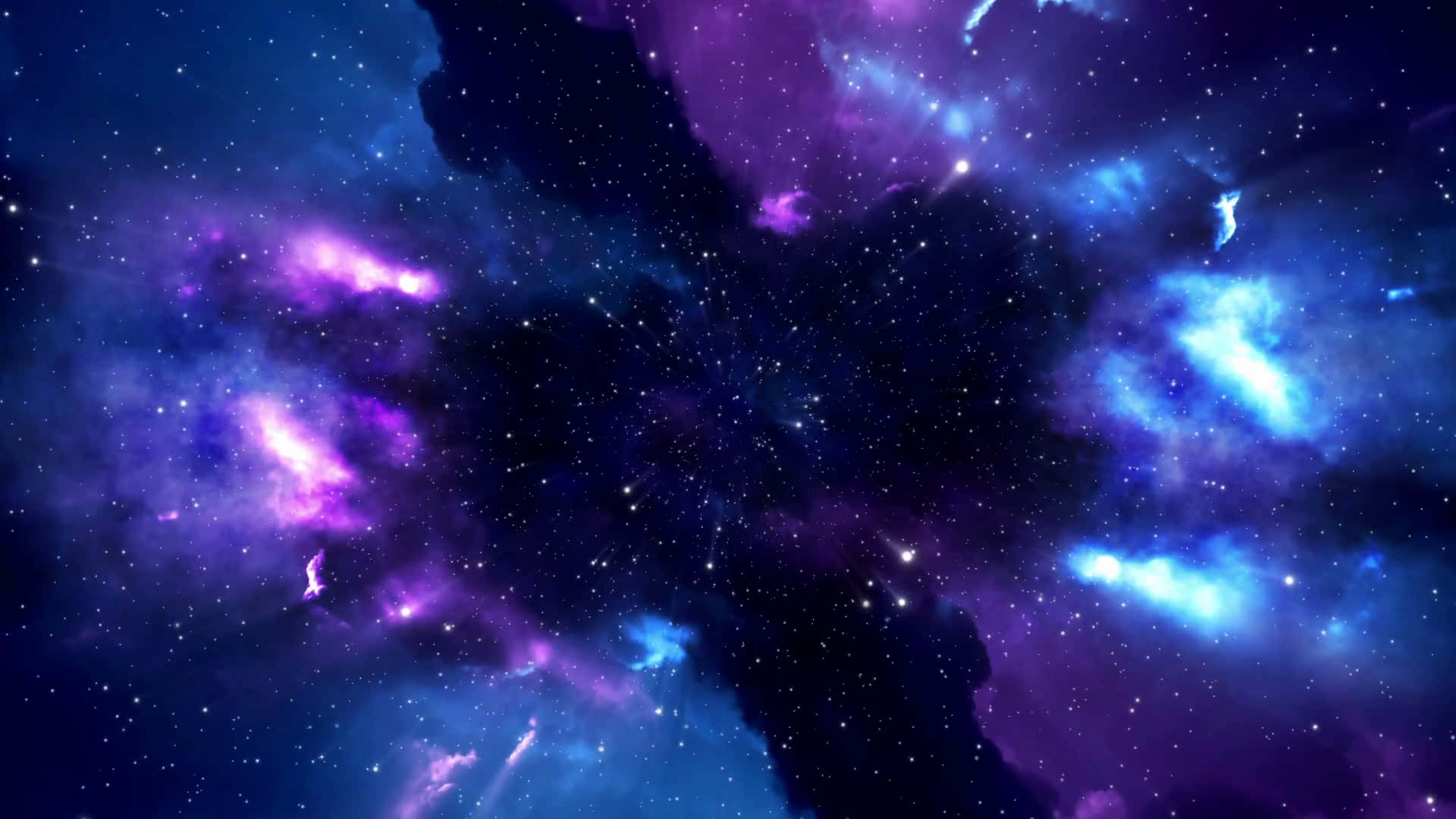 Space Zoom 桌布 壁紙 — 充滿活力的宇宙星雲在星空背景下以電光藍和紫色旋轉。