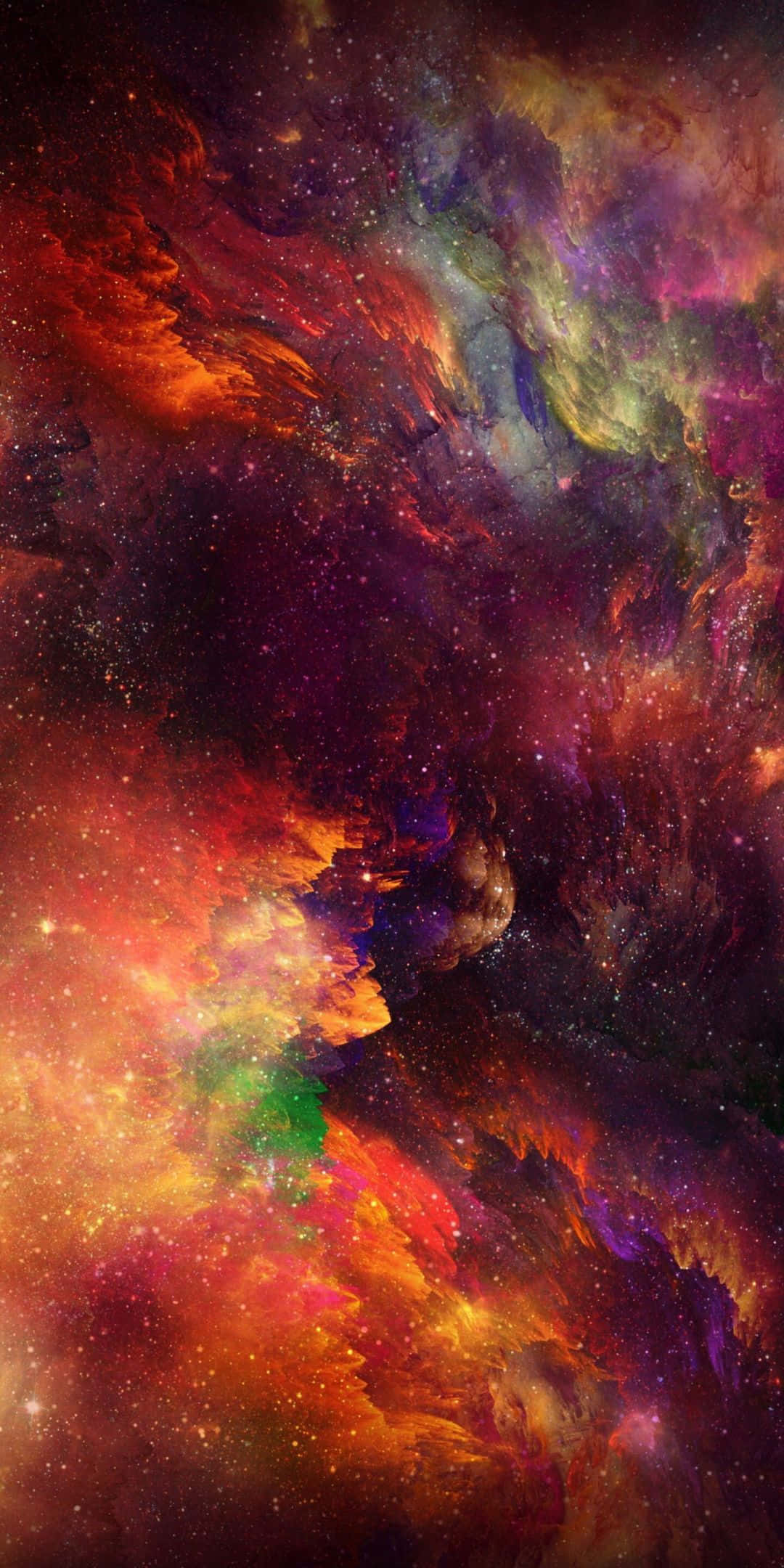 iPhone 13 桌布 壁紙 — 充滿活力的宇宙星雲在星空背景下以火熱的橙色、紫色和綠色旋轉。
