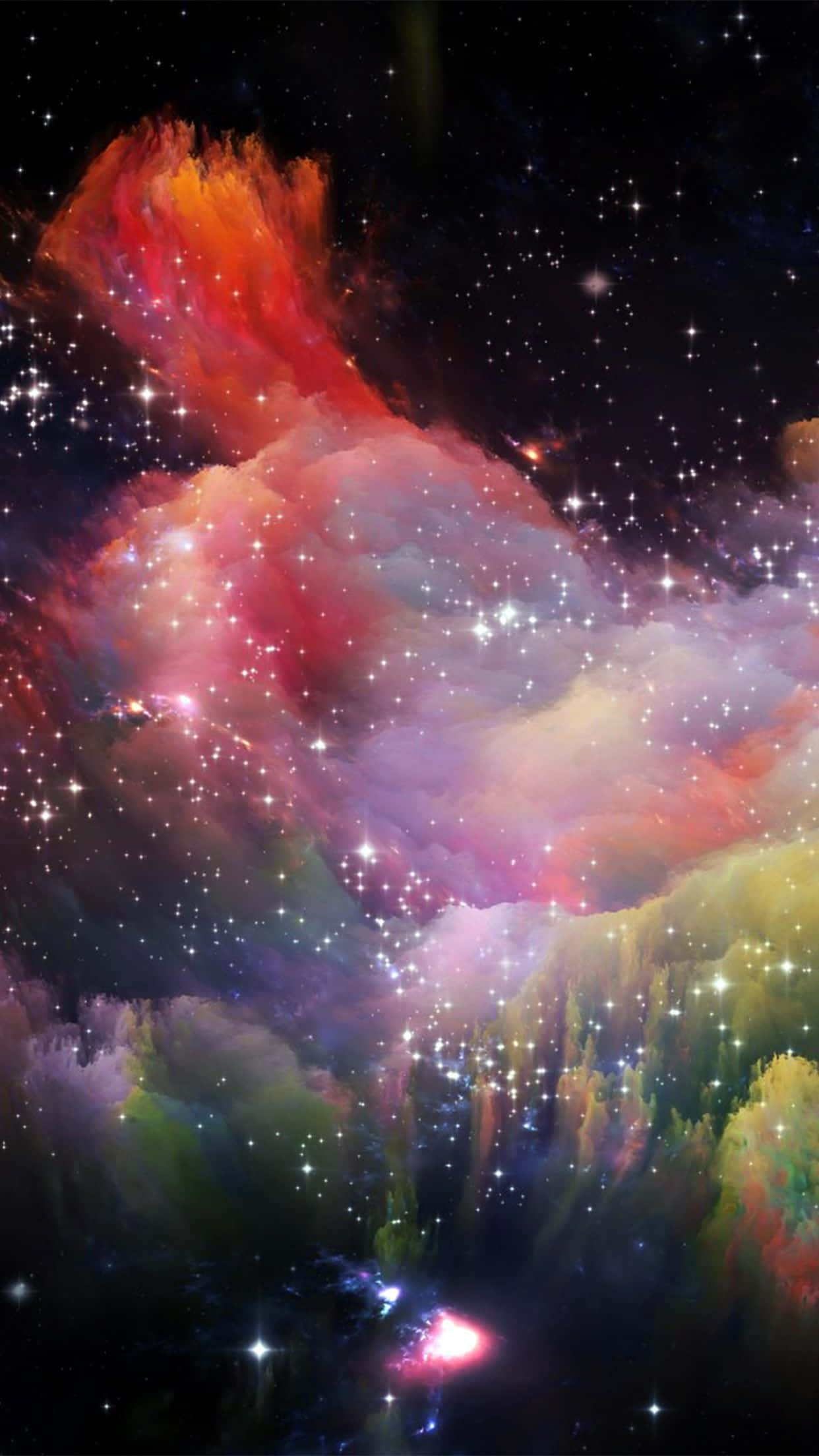 Colorful Space 桌布 壁紙 — 充滿活力的宇宙星雲在星空背景下以火紅、紫色和綠色旋轉。