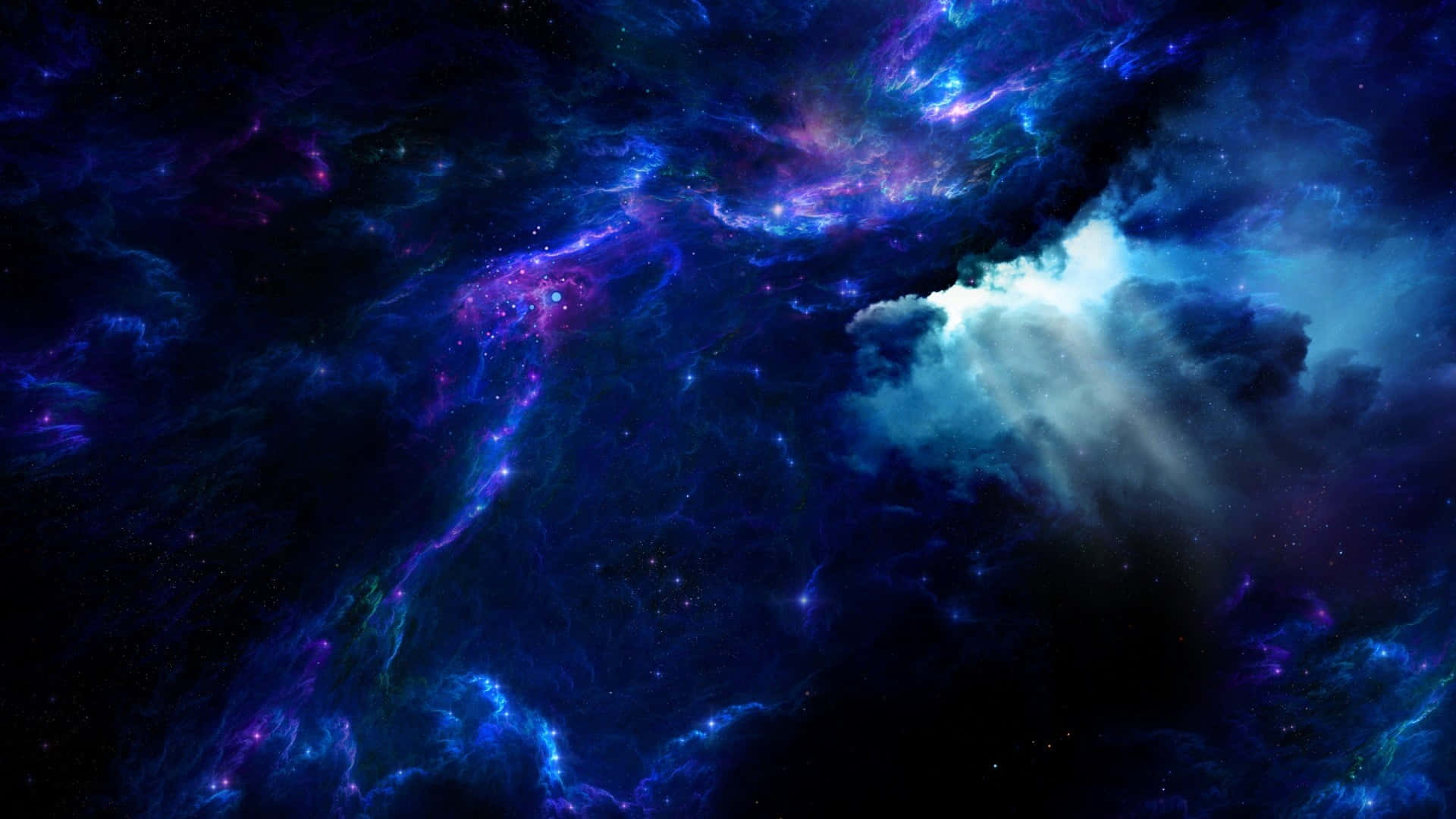 Black And Purple Galaxy 桌布 壁紙 — 充滿活力的宇宙星雲在星空背景下以深藍色、紫色和白色旋轉。