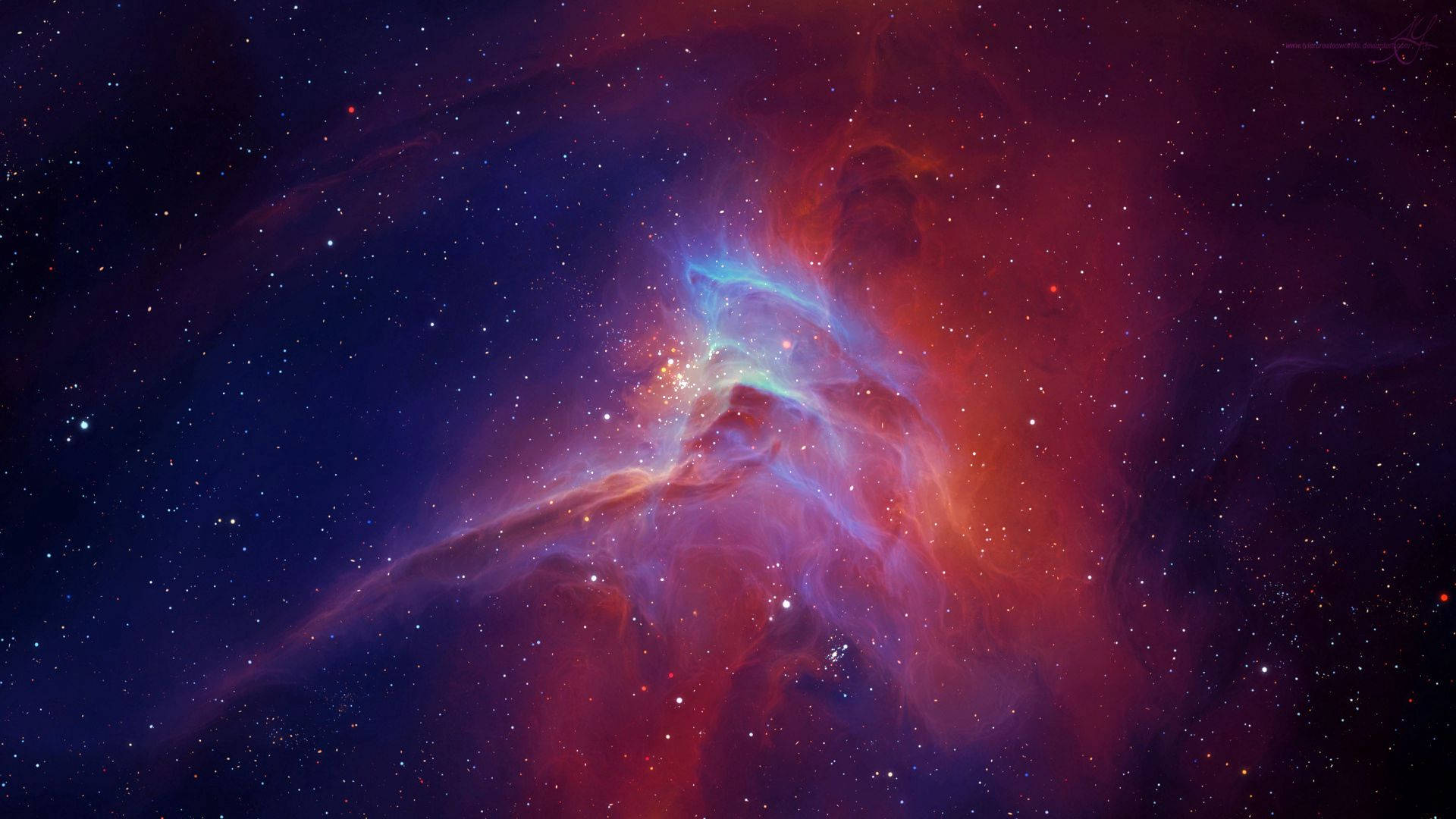 星星動圖 桌布 壁紙 — 充滿活力的宇宙星雲在星空背景下以火紅和冷藍色調旋轉。