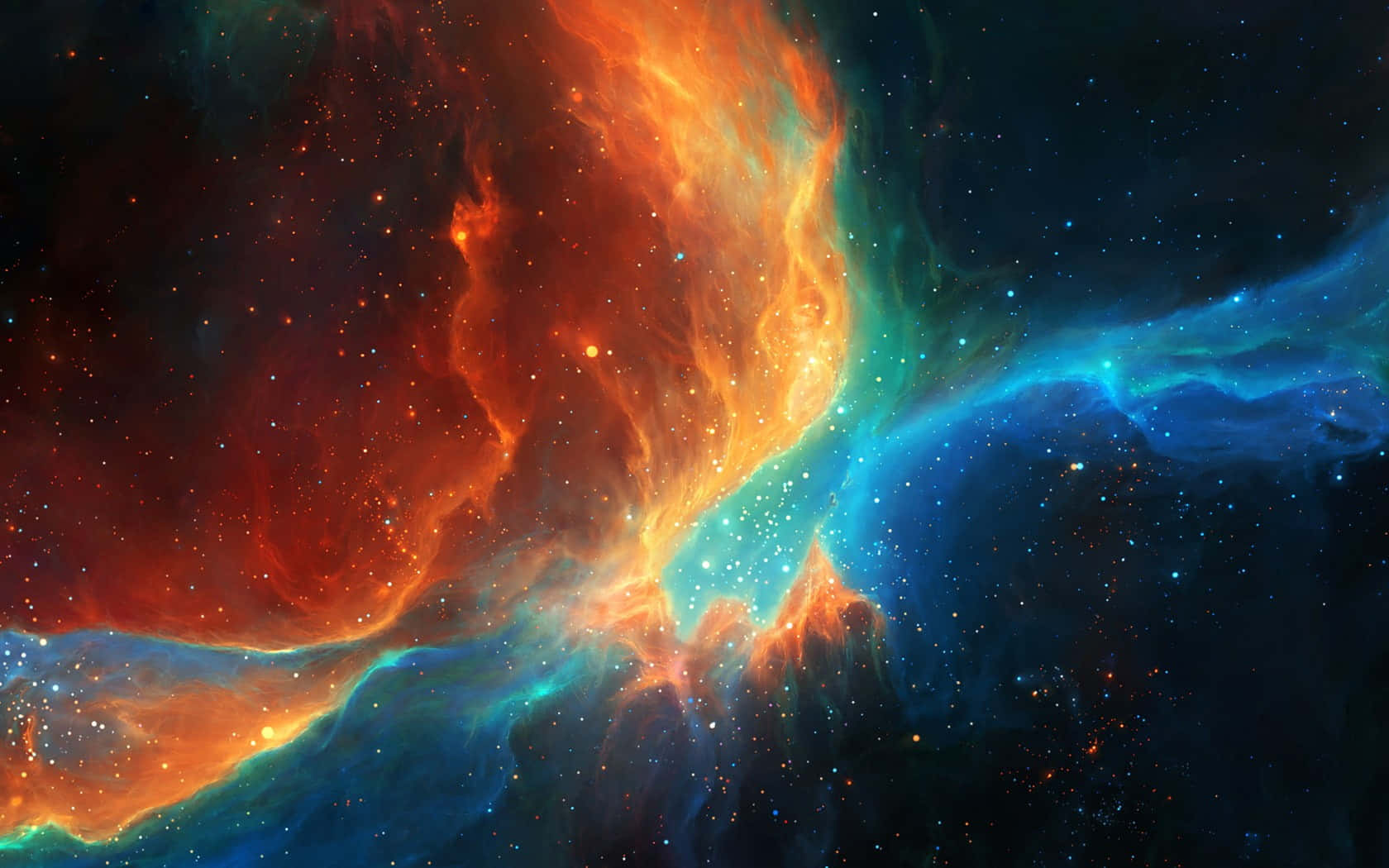 太空 桌布 壁紙 — 充滿活力的宇宙星雲在星空背景下以火橙色和電光藍色旋轉。