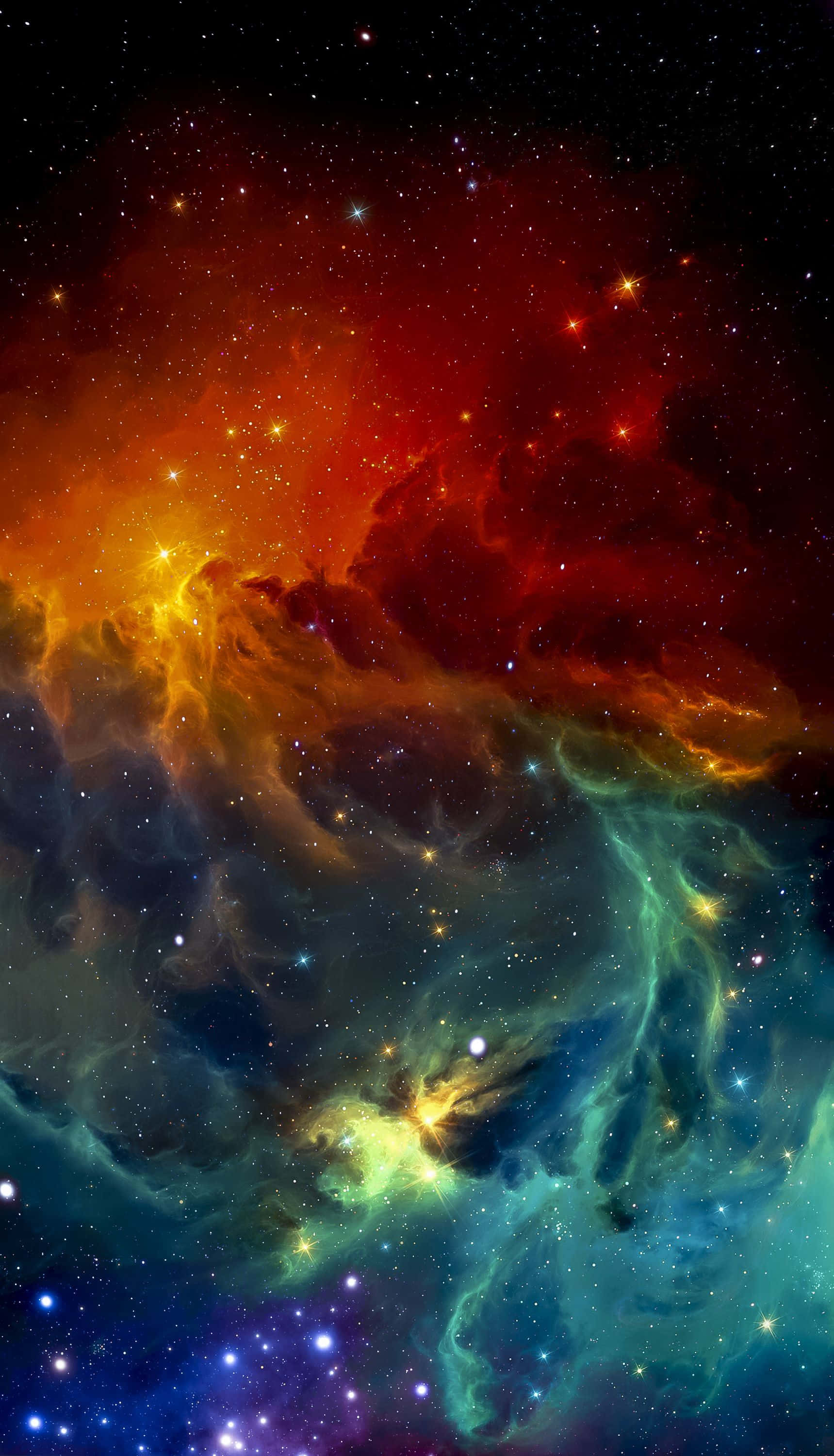 手機 桌布 壁紙 — 充滿活力的宇宙星雲在星空背景下以火紅、橙色和冷藍色旋轉。