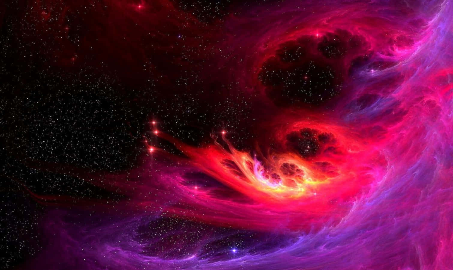 桌布 壁紙 — 充滿活力的宇宙星雲在星空背景下以火紅、紫色和粉紅色旋轉。