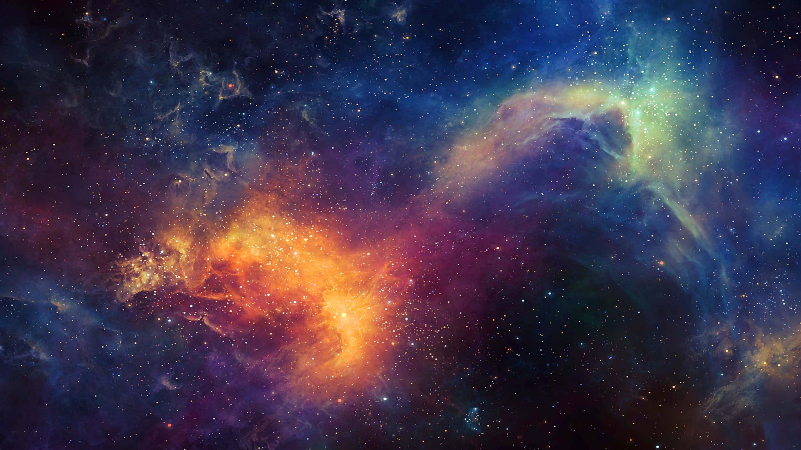 High Resolution Galaxy 桌布 壁紙 — 充滿活力的宇宙星雲在星空背景下以火熱的橙色和電光藍色旋轉。