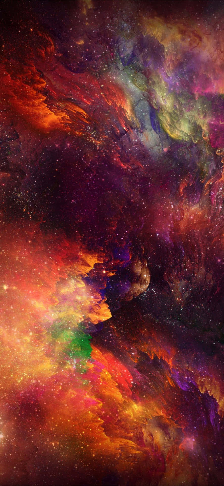 銀河 桌布 壁紙 — 充滿活力的宇宙星雲在星空背景下以火紅、紫色和金色漩渦翻騰。