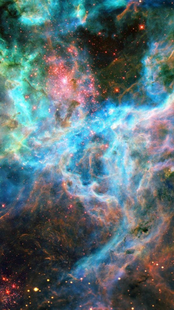 抽象 桌布 壁紙 — 充滿活力的宇宙星雲在星空背景下以電光藍、粉紅和橙色旋轉。