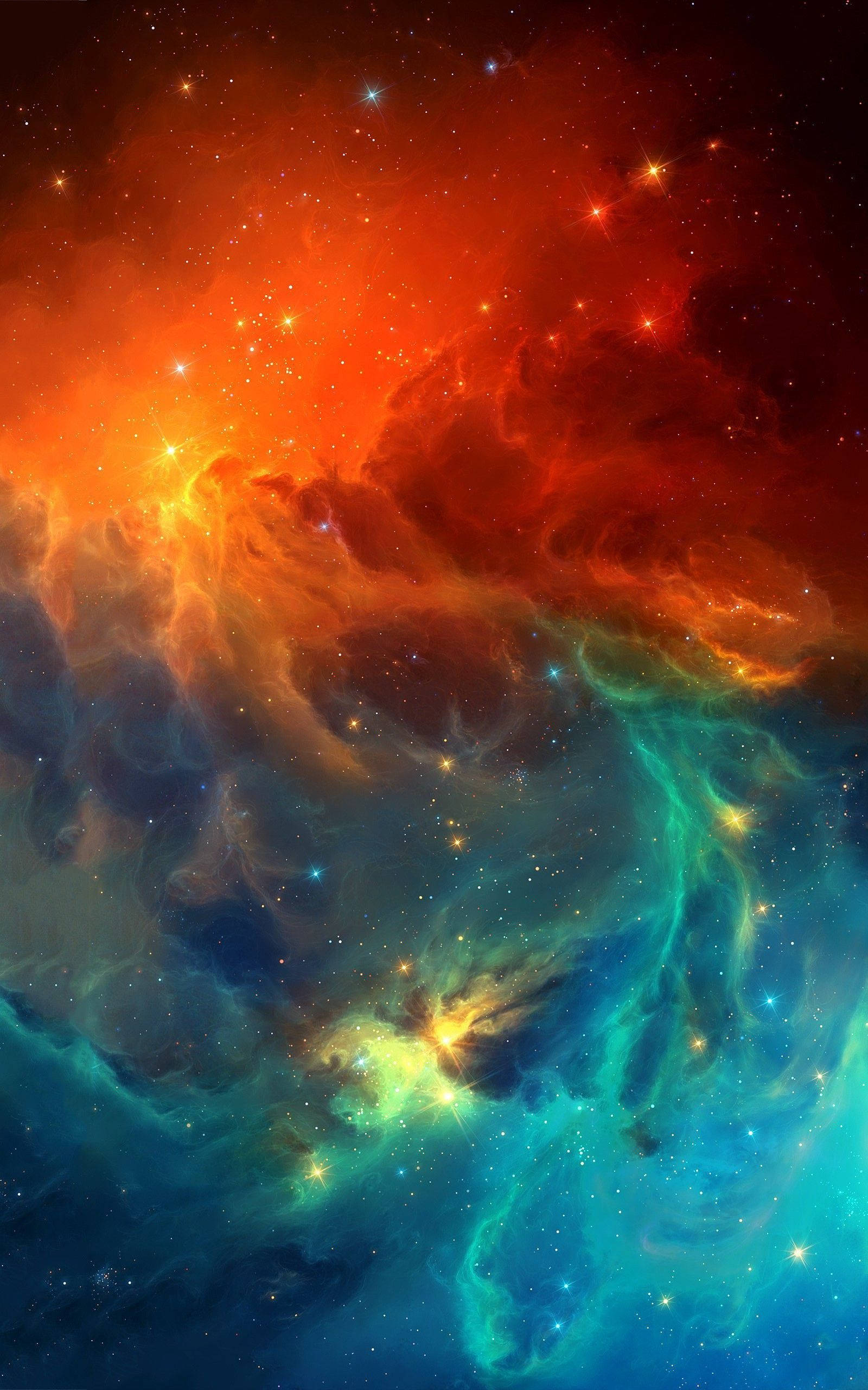 酷炫手機 桌布 壁紙 — 充滿活力的宇宙星雲在星空背景下以火橙色和電光青色旋轉。