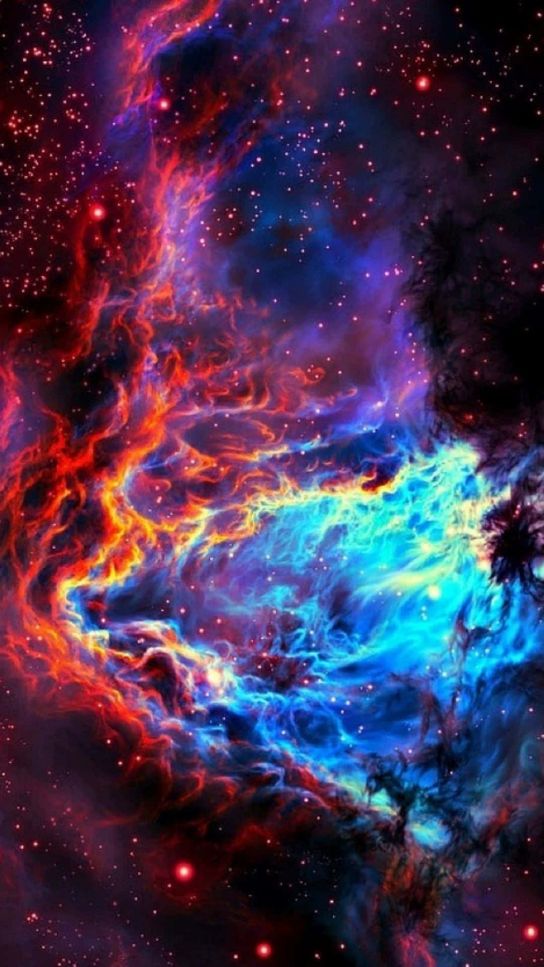 銀河 桌布 壁紙 — 充滿活力的宇宙星雲在星空背景下以火紅和電光藍色旋轉。