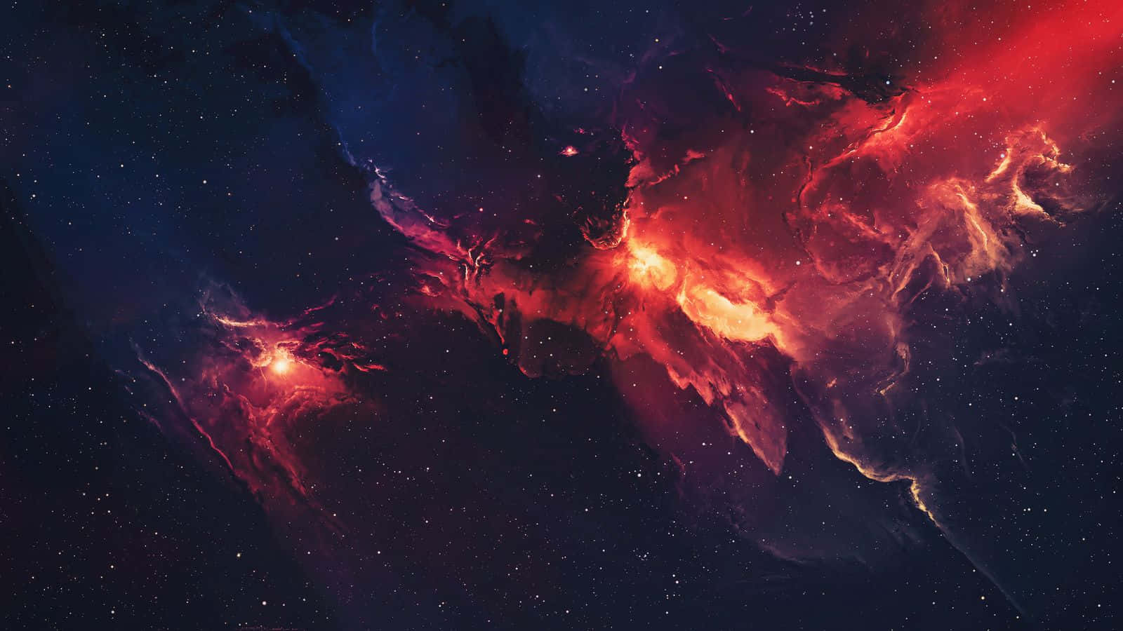 1600x900 桌布 壁紙 — 充滿活力的宇宙星雲在星空背景下以火紅和深藍色旋轉。