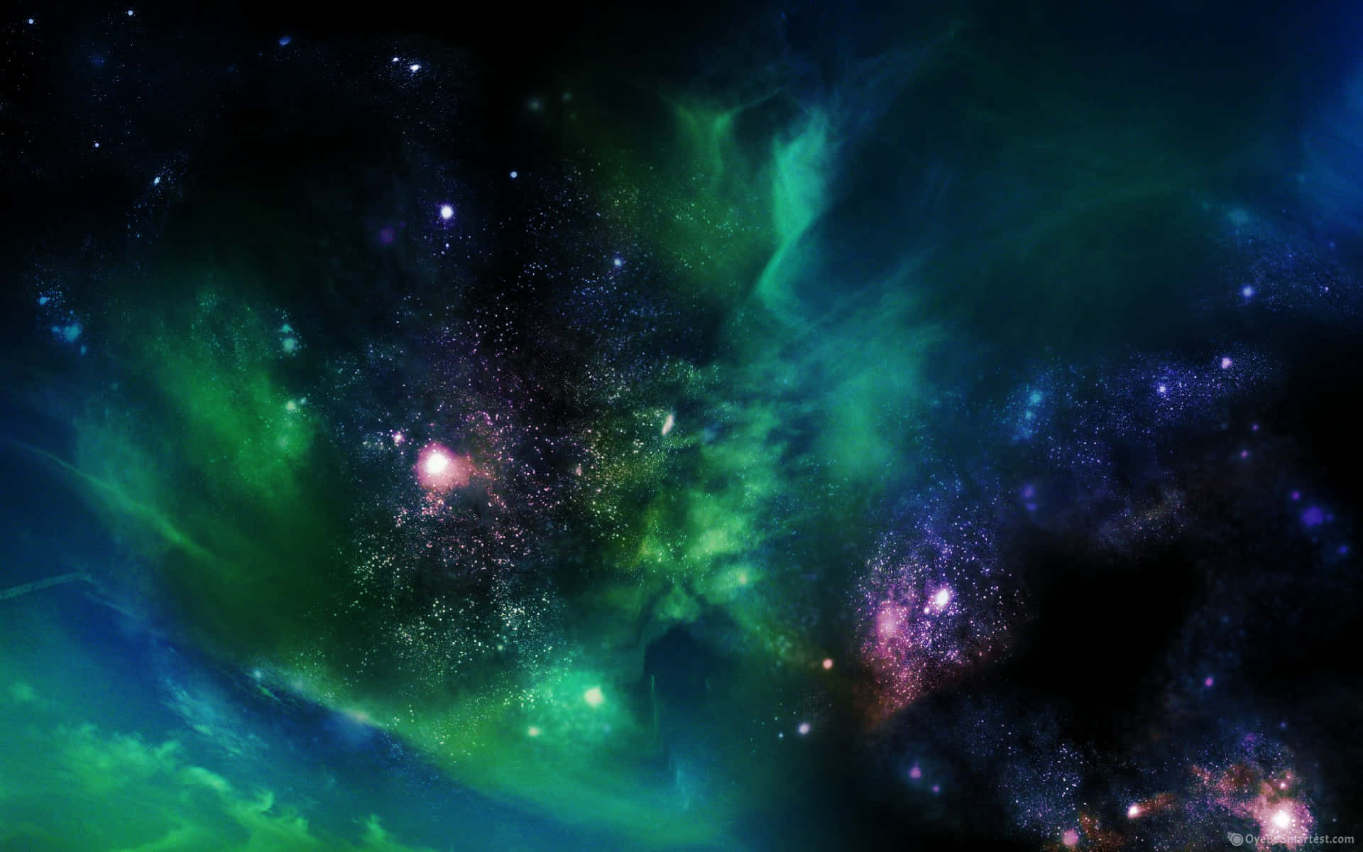 太空 桌布 壁紙 — 充滿活力的宇宙星雲在星空背景下以電光綠、藍和紫色旋轉。