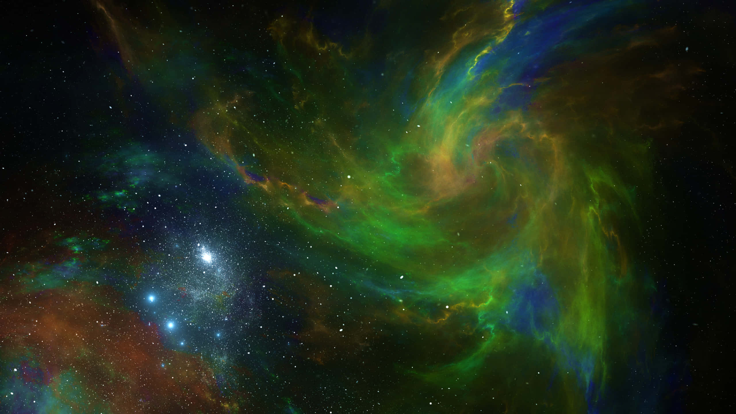 1440p Space 桌布 壁紙 — 充滿活力的宇宙星雲在星空背景下以電光綠、藍和橙色旋轉。