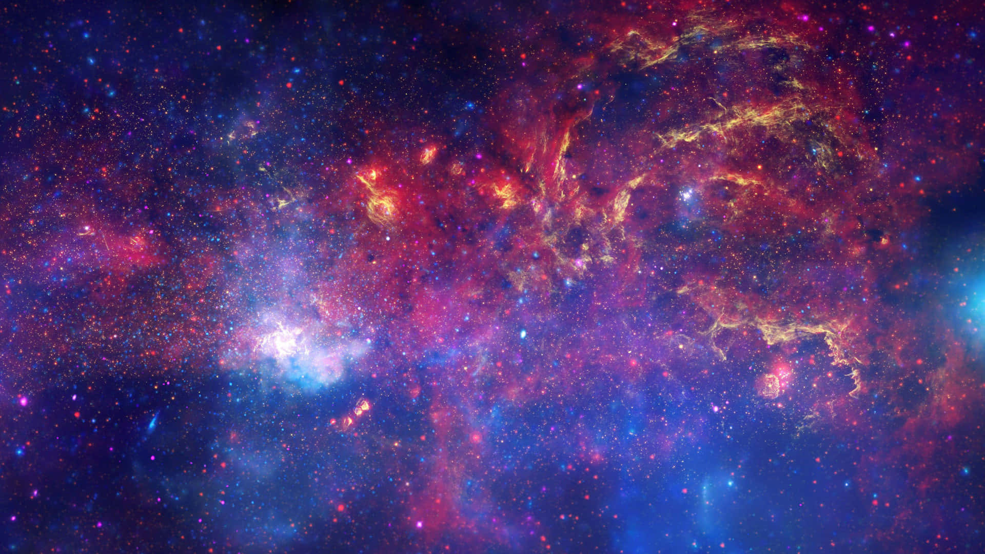 Purple Galaxy 桌布 壁紙 — 充滿活力的宇宙星雲在星空背景下旋轉，呈現火紅、金色和深藍色。