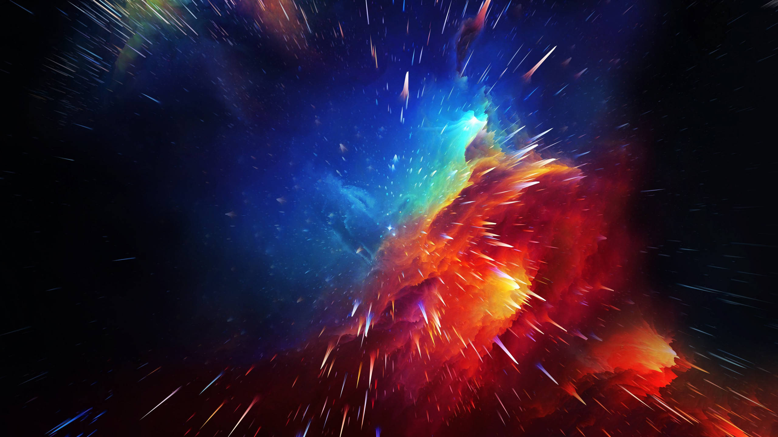 太空 桌布 壁紙 — 充滿活力的宇宙星雲在星空虛空中爆炸出火紅和電藍色。