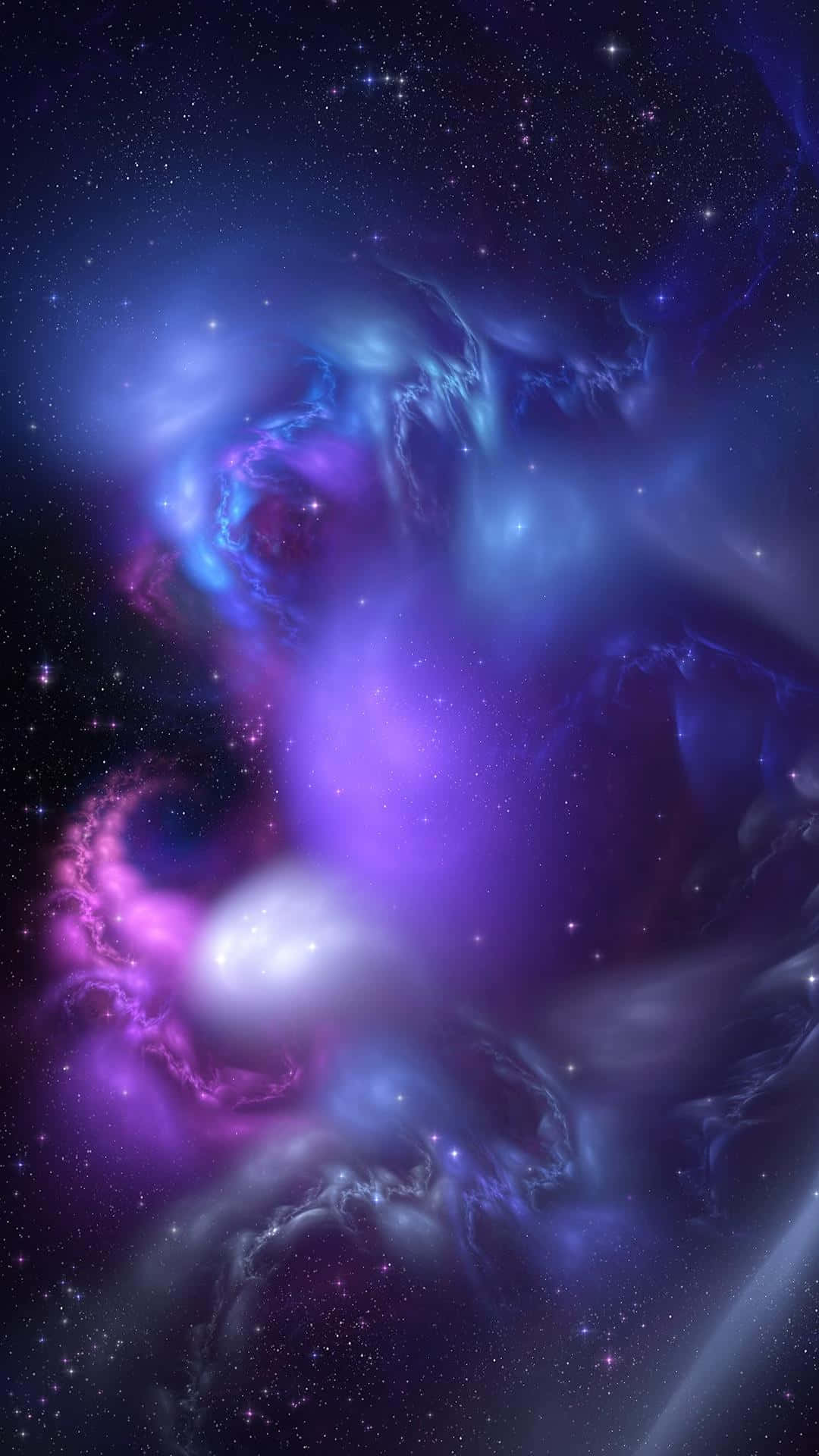 太空電話 桌布 壁紙 — 充滿活力的宇宙星雲在深空星場中旋轉出電光藍和紫色。