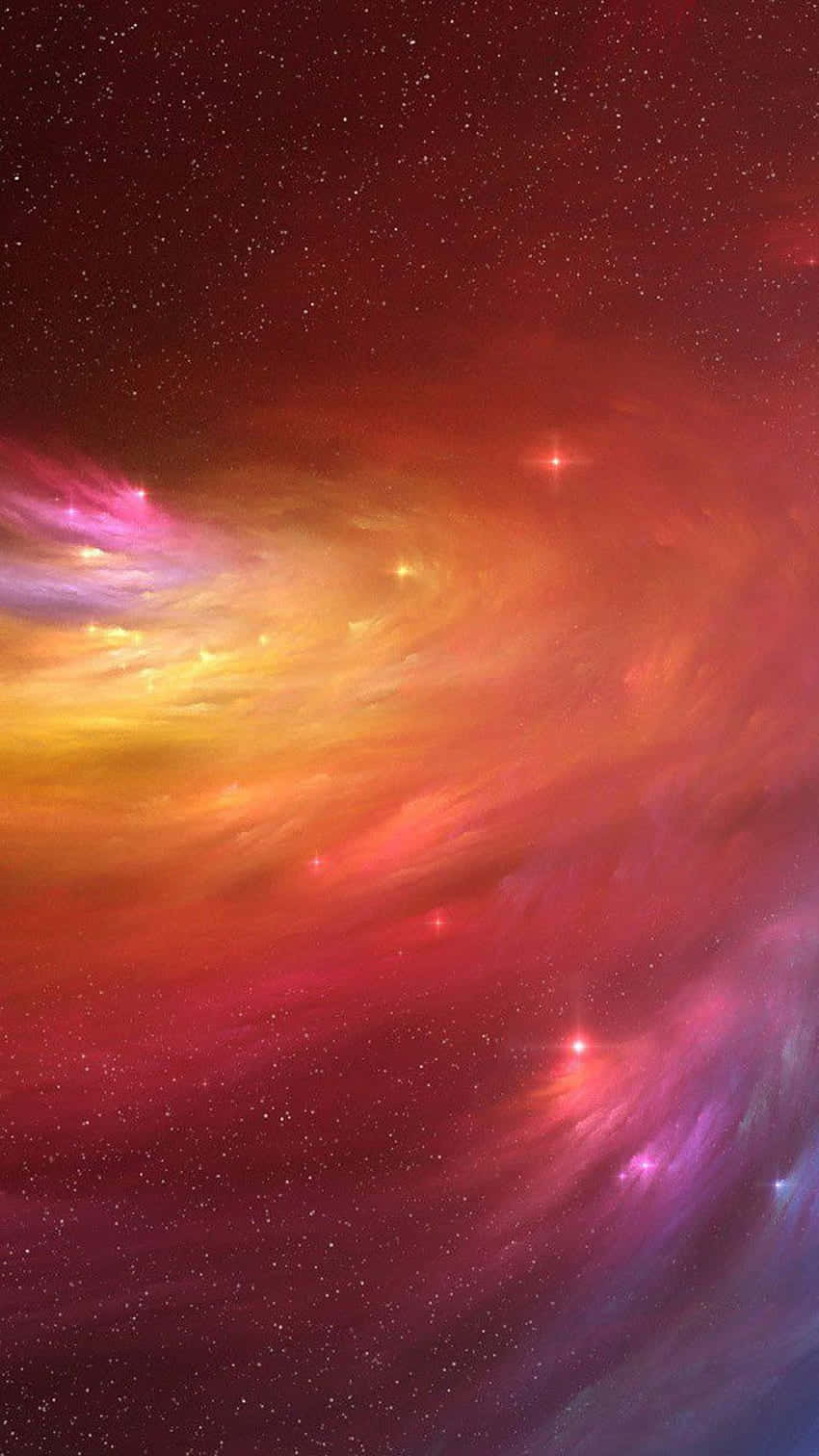 Galaxy Rainbow 桌布 壁紙 — 充滿活力的宇宙星雲在深空背景下以火紅、橙色和紫色旋轉，點綴著發光的星星。