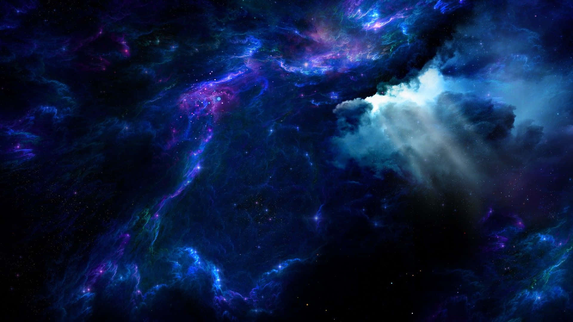 夜空 桌布 壁紙 — 充滿活力的宇宙星雲在深藍、紫色和粉紅色中旋轉，背景是星空和發光的宇宙塵埃。