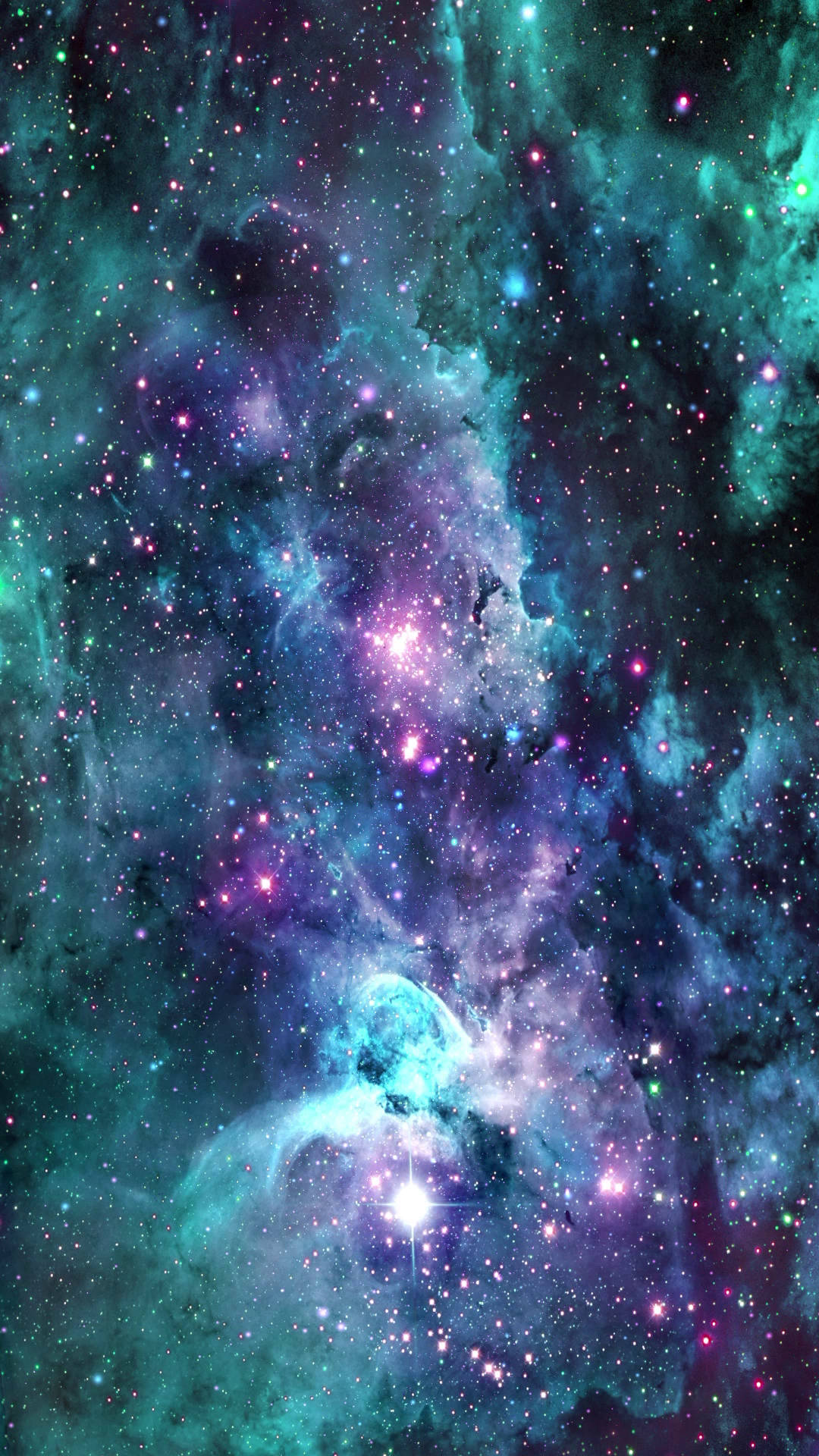 銀河 桌布 壁紙 — 充滿活力的宇宙星雲在深藍色、紫色和粉紅色中旋轉，帶有發光的星星，背景是黑暗的虛空。