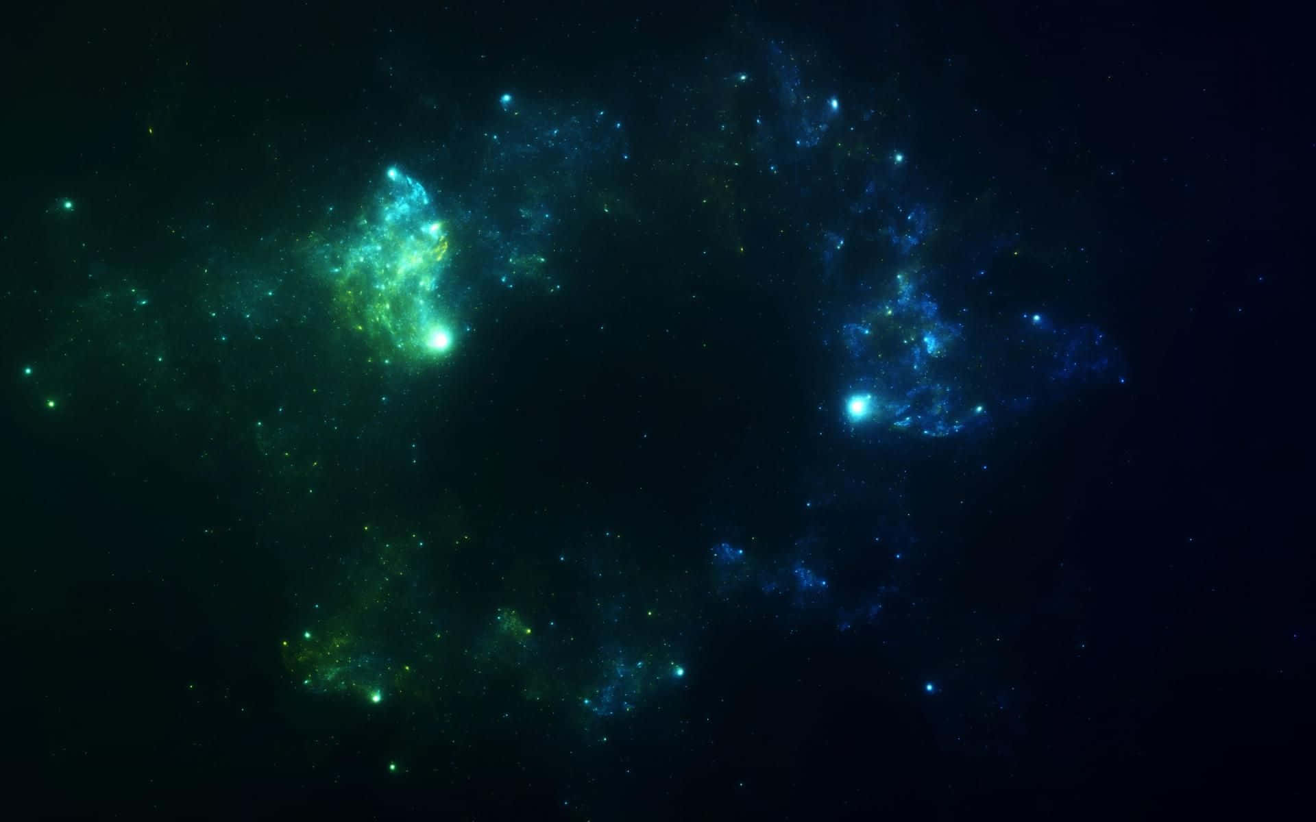 Green Galaxy 桌布 壁紙 — 充滿活力的宇宙星雲在深黑色的虛空中閃耀著電光藍和綠色，點綴著遙遠的星星。
