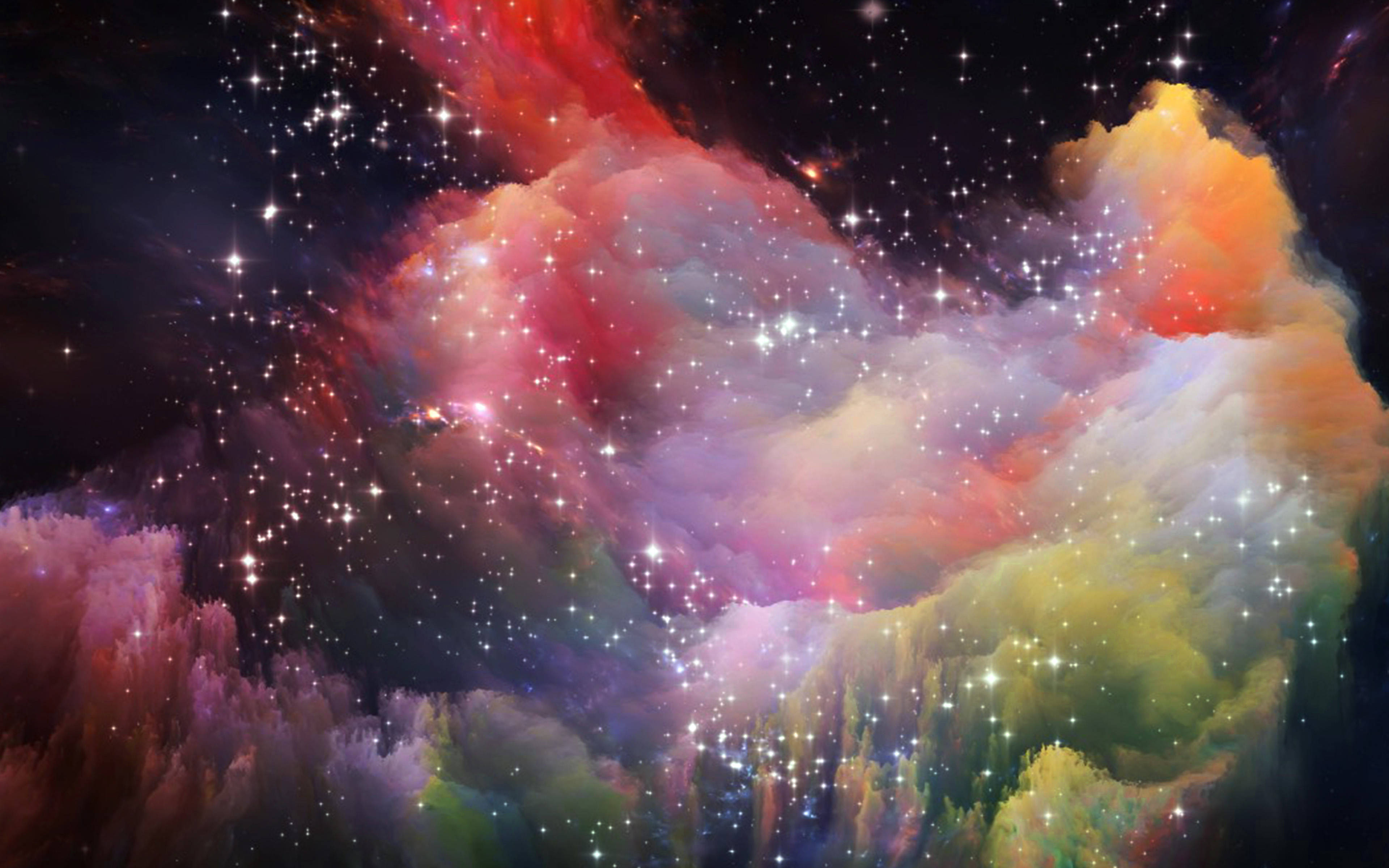 彩虹 桌布 壁紙 — 充滿活力的宇宙星雲在深黑色虛空中旋轉，呈現火紅、金色和紫色，點綴著閃爍的星星。
