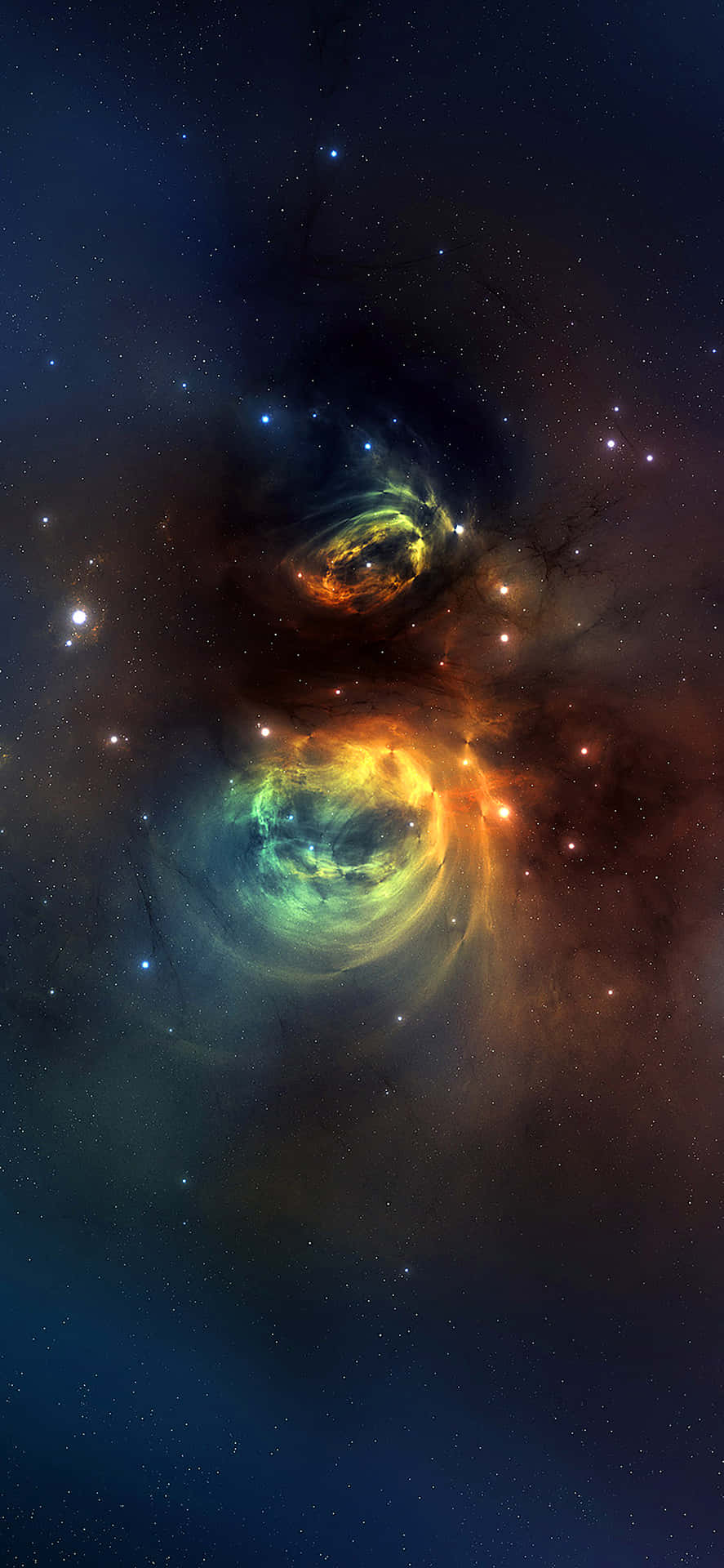 銀河 桌布 壁紙 — 充滿活力的宇宙星雲在火熱的橙色和涼爽的綠色中旋轉，背景是繁星點點的深空。