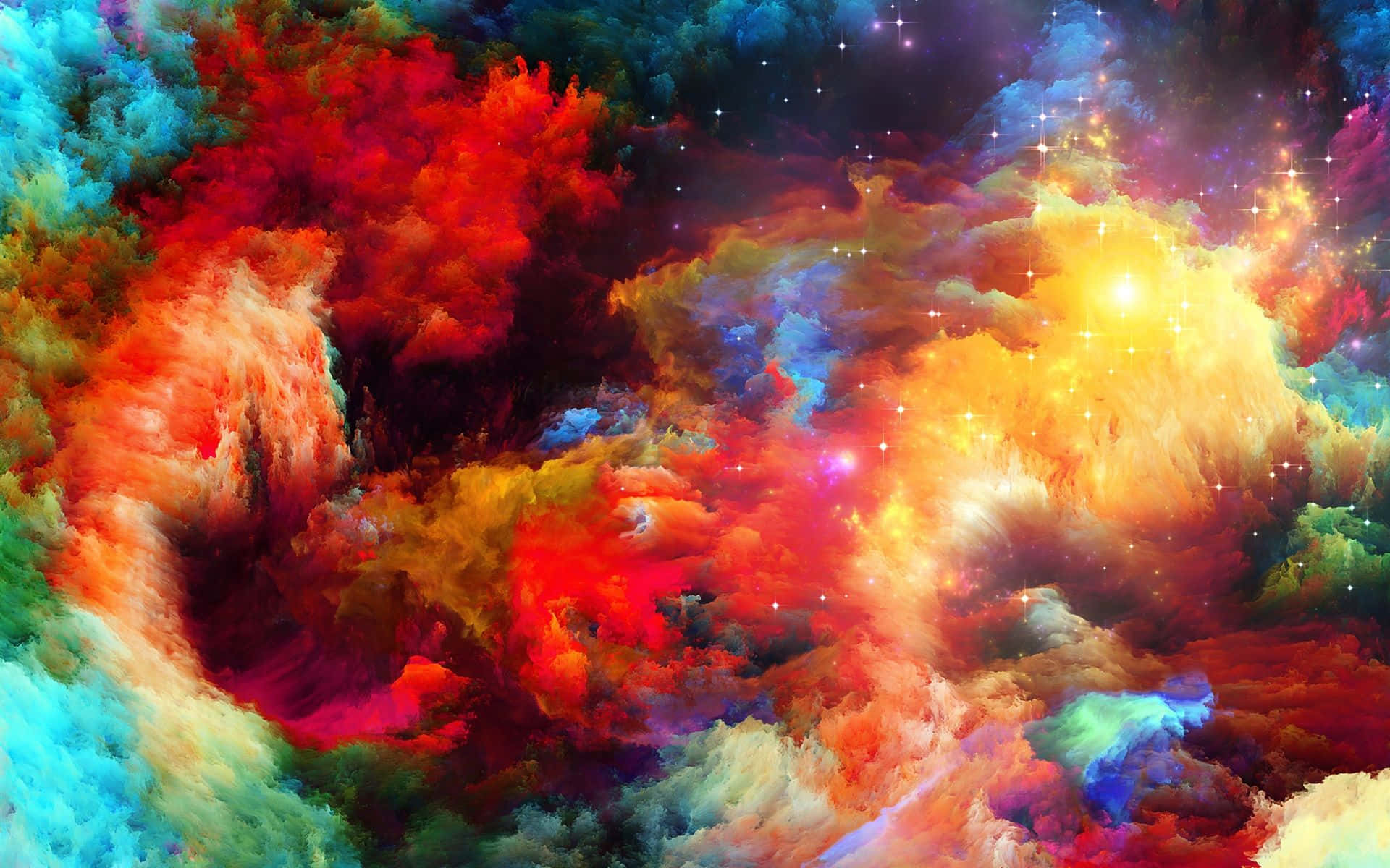 Colorful Space 桌布 壁紙 — 充滿活力的宇宙星雲在火紅、金色和電光藍中旋轉，伴隨著閃爍的星星，映襯著黑暗的虛空。