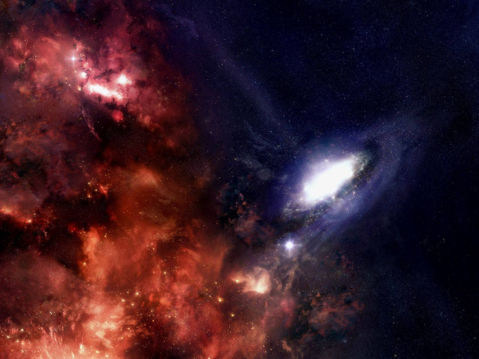 在深空中，一個發光的螺旋星系旁邊是熾熱的紅色星雲。 — 黑洞 GIF 壁紙