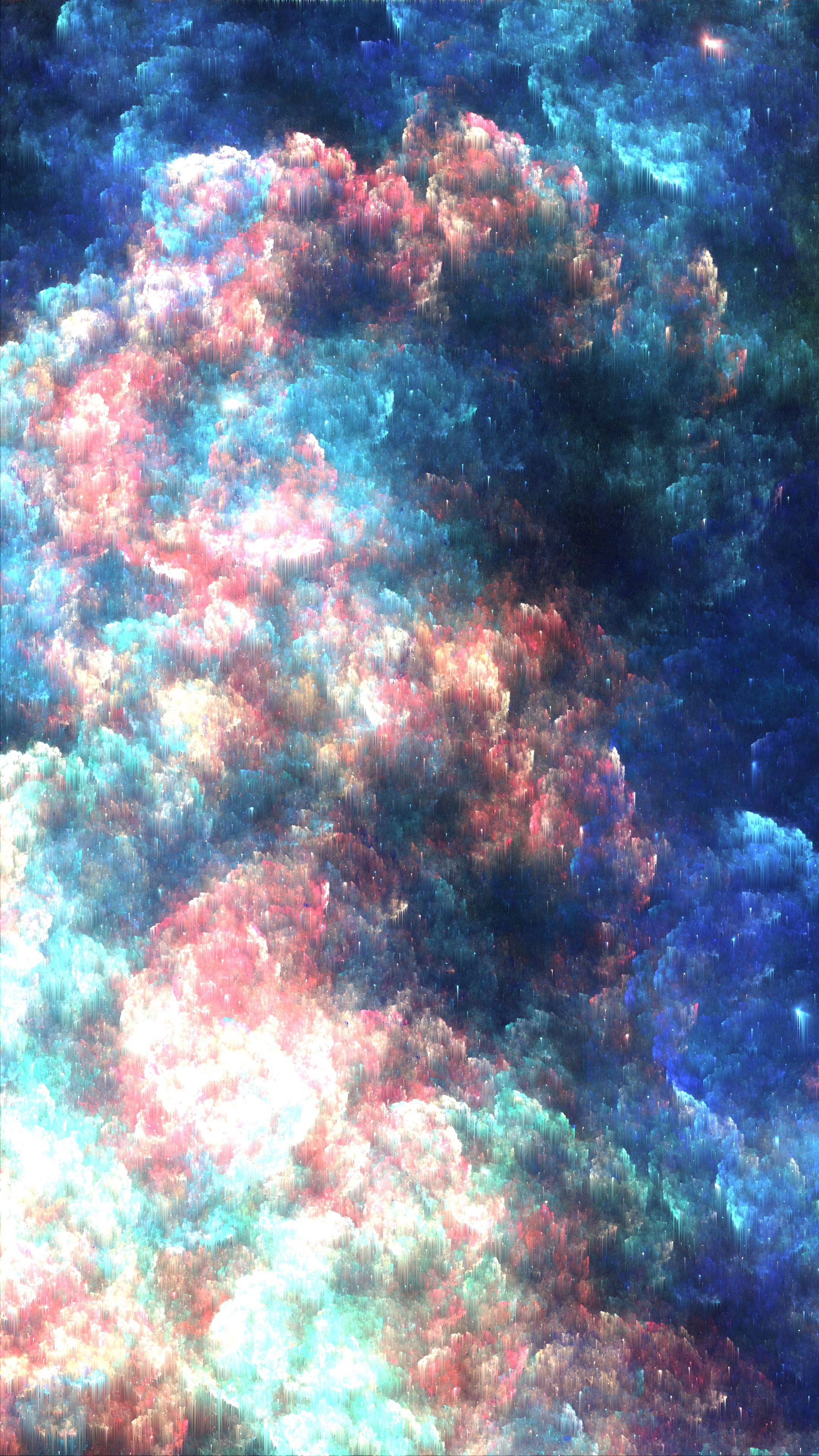 Glitch 桌布 壁紙 — 充滿活力的宇宙星雲在粉紅色、藍綠色和深藍色中旋轉，帶有發光的星點，映襯著黑暗的太空。