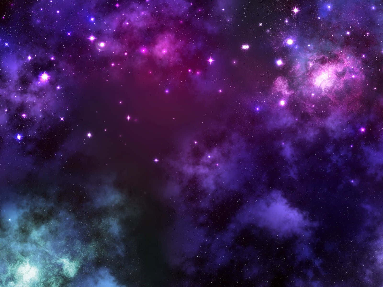 Galaxy Themed Paintings 桌布 壁紙 — 充滿活力的宇宙星雲在紫色、粉紅色和藍綠色中旋轉，閃爍的星星點綴在黑暗的虛空中。