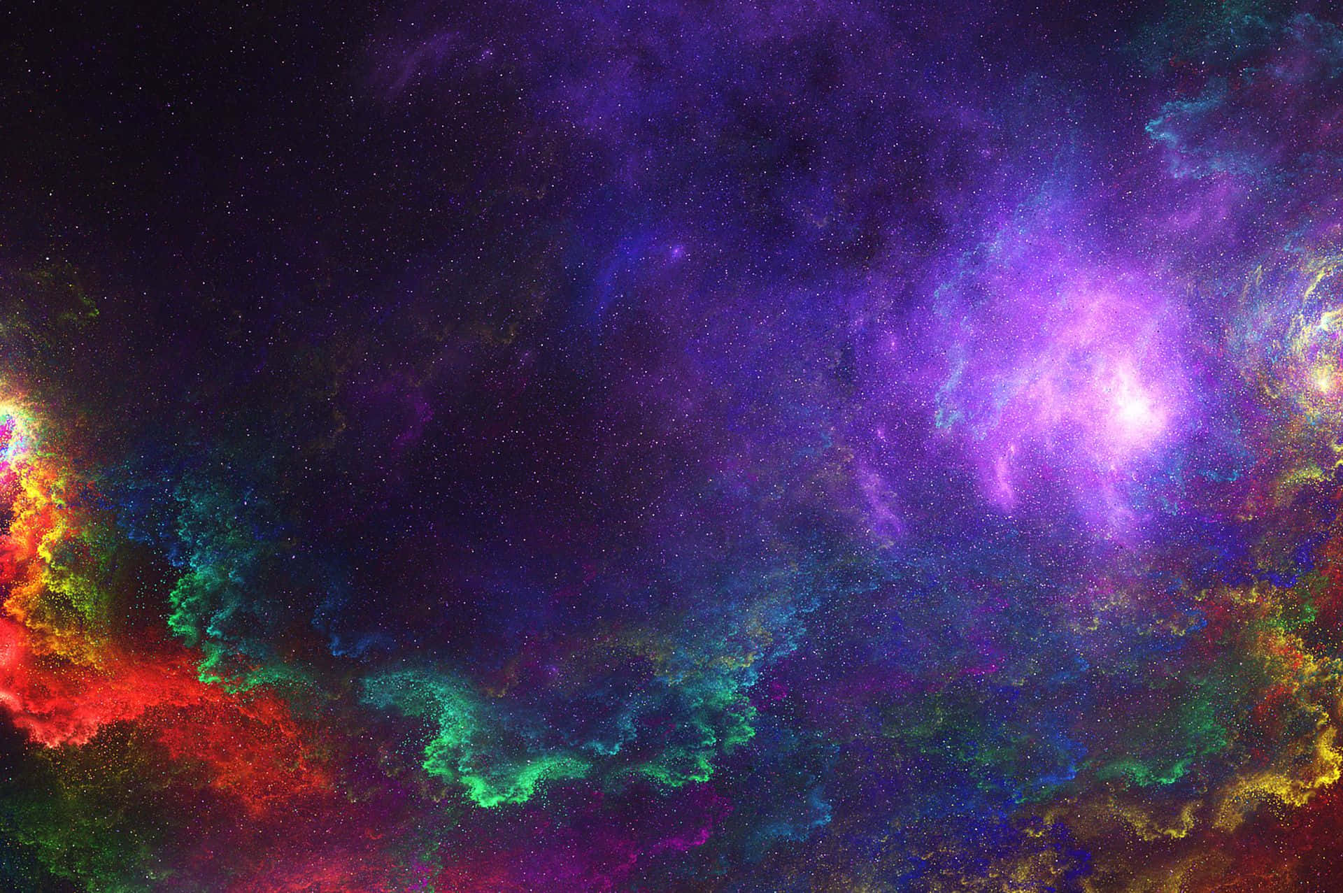 Colorful Space 桌布 壁紙 — 充滿活力的宇宙星雲在紫色、綠色和紅色中旋轉，映襯著繁星點點的黑色虛空。
