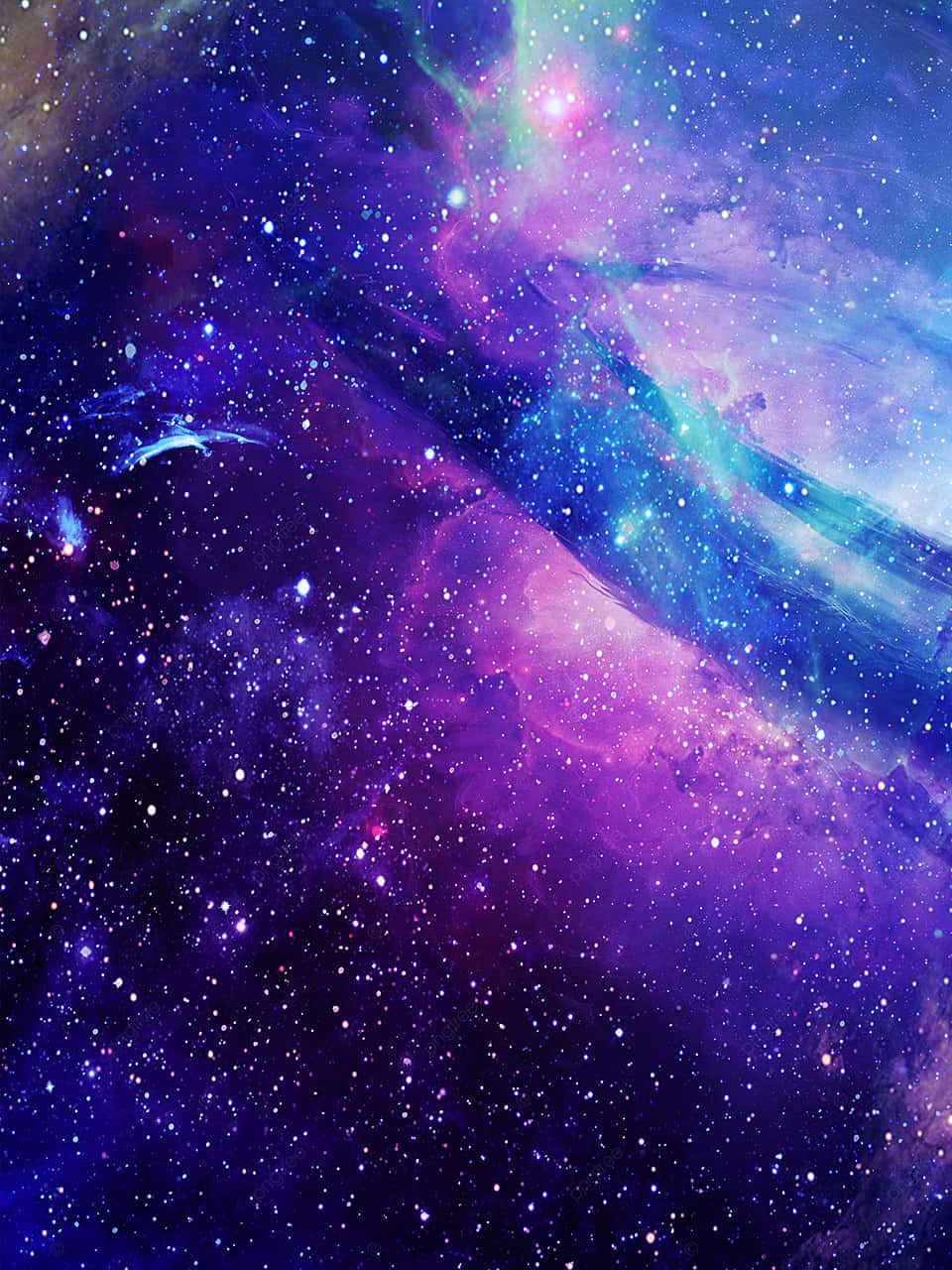 桌布 壁紙 — 充滿活力的宇宙星雲在紫色、藍色和藍綠色中旋轉，閃爍的星星襯托著黑暗的太空背景。