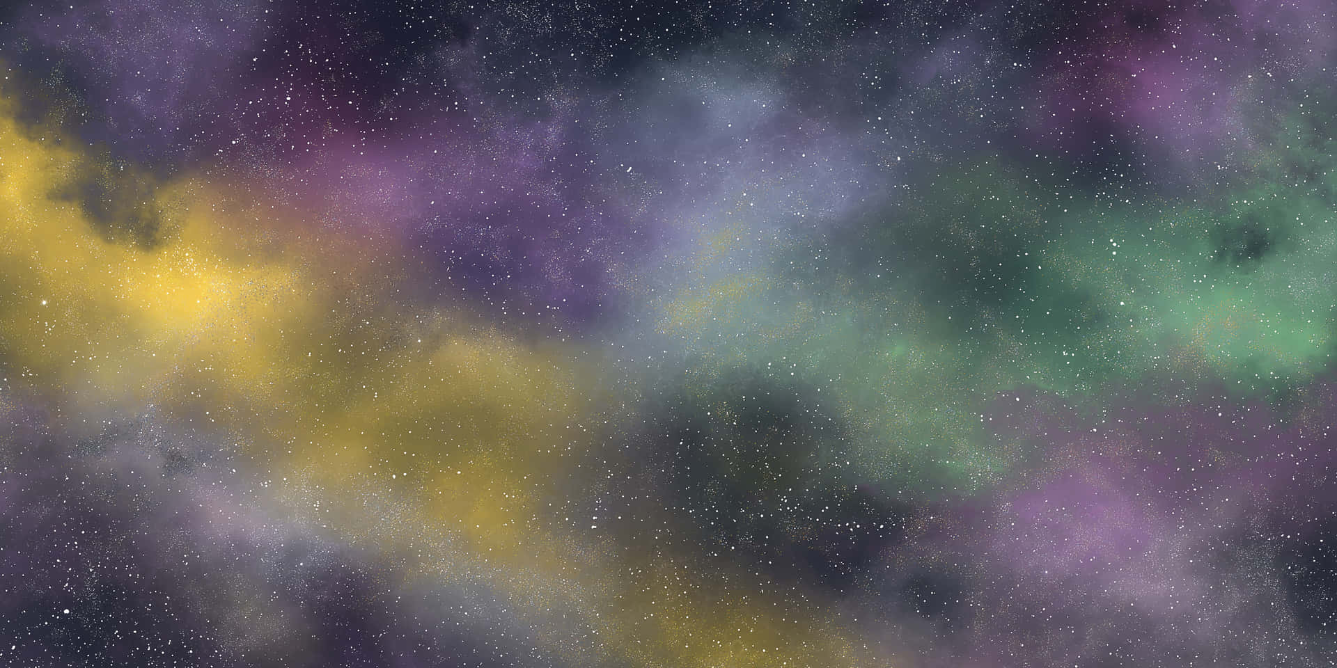 Cosmic Dust Nebula 壁紙 — 充滿活力的宇宙星雲在紫色、黃色和綠色中旋轉，背景是星空。