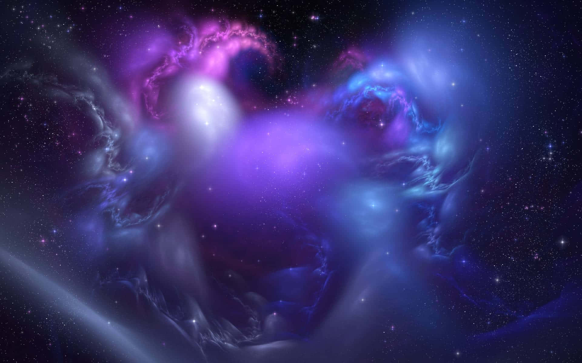Trippy Sky 桌布 壁紙 — 充滿活力的宇宙星雲在紫色和藍色中旋轉，背景是星場、發光的氣體雲和遙遠的星星。
