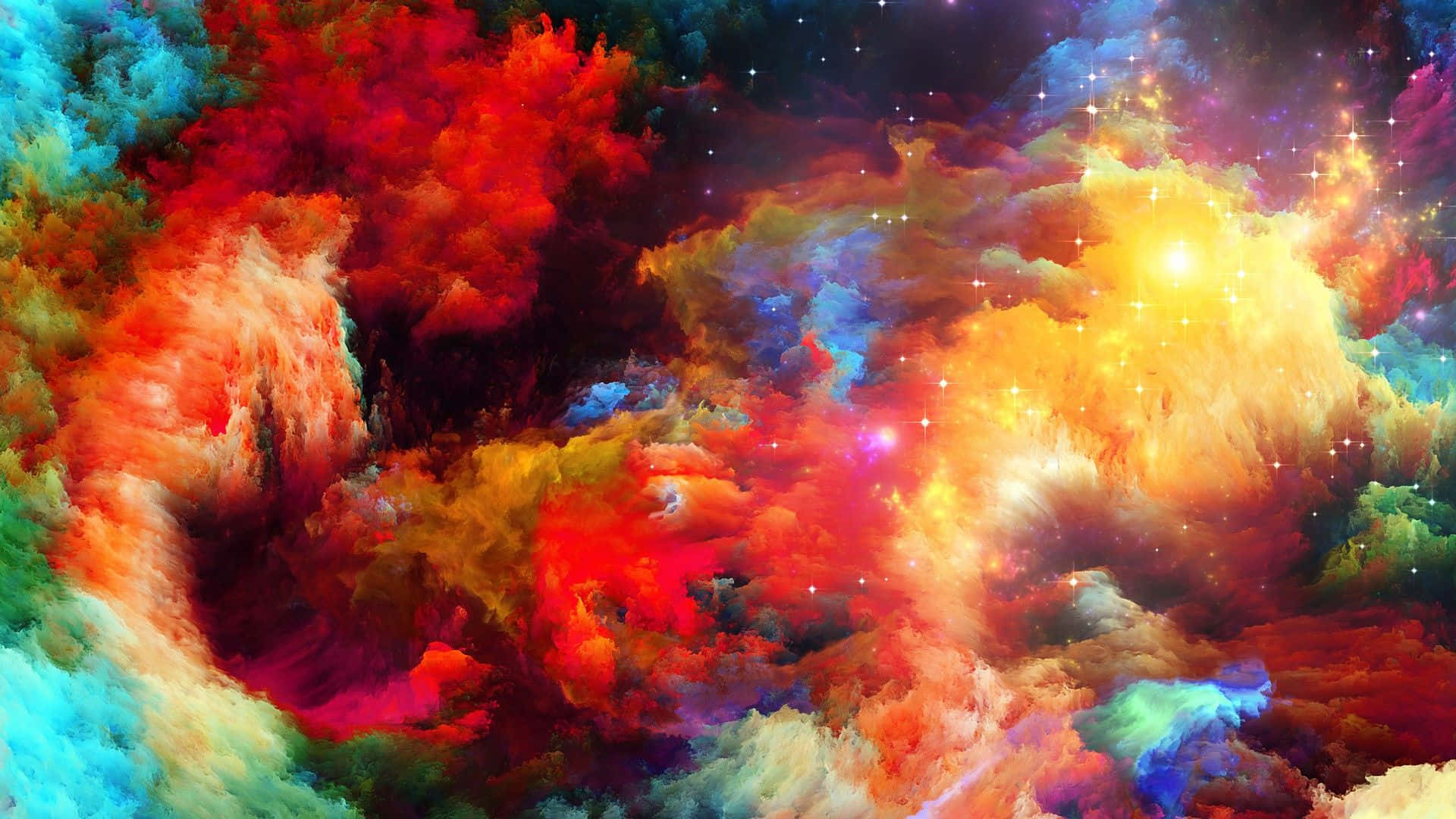 OLED 桌布 壁紙 — 充滿活力的宇宙星雲在繁星點點的夜空中以火紅、金色和電光藍色旋轉。