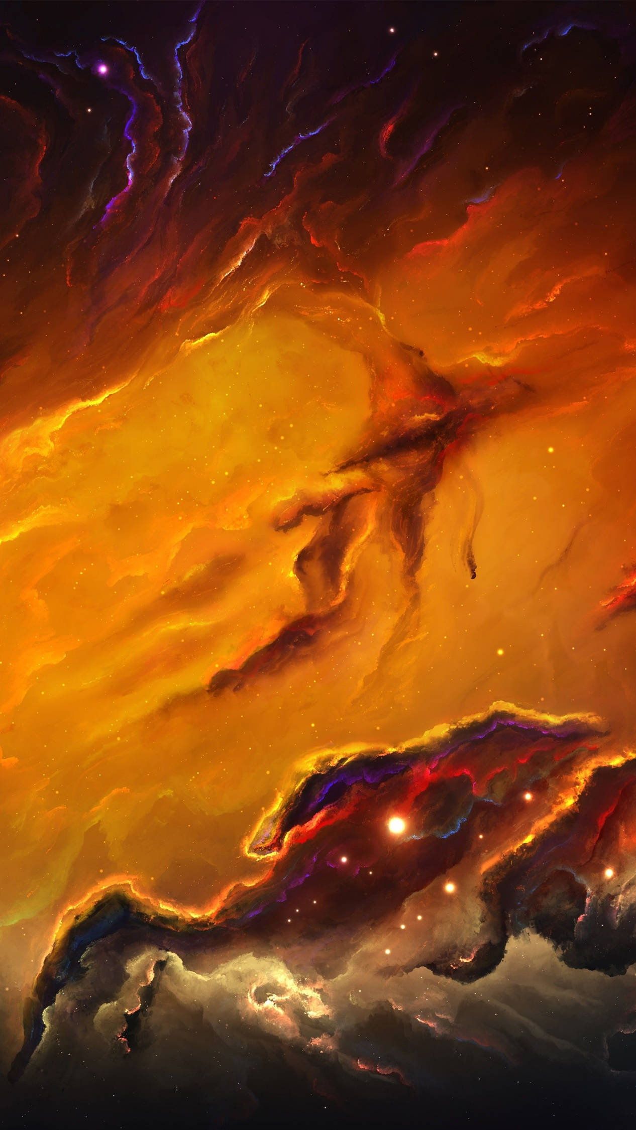 火熱的橙色和紫色星雲雲團在深空中與星星一起發光。 — 4K Android 壁紙