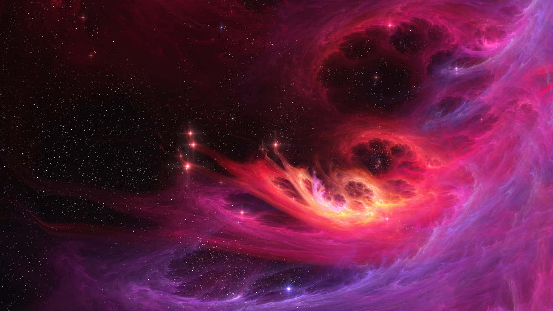 Galaxy Themed Paintings 桌布 壁紙 — 充滿活力的宇宙星雲在繁星點點的黑色虛空中以火紅、紫色和粉紅色旋轉。
