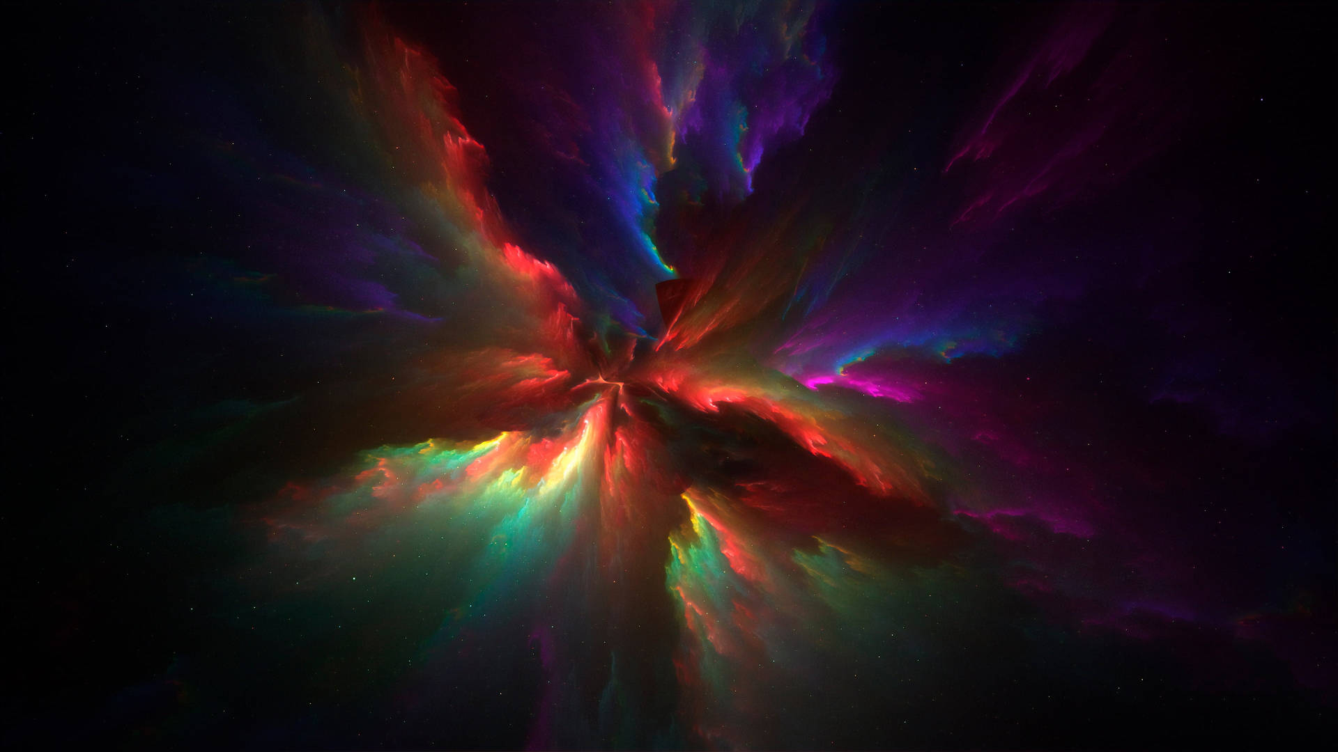彩虹 桌布 壁紙 — 充滿活力的宇宙星雲在繁星點點的黑色虛空中爆發，呈現出絢麗的紅色、紫色和綠色。