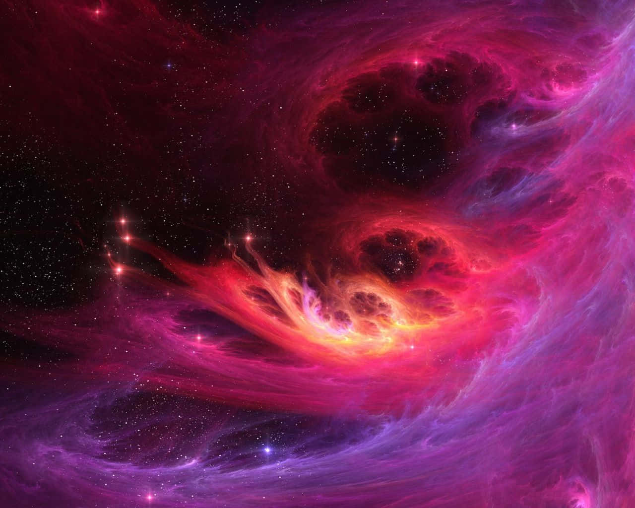 Interstellar Cloud 桌布 壁紙 — 充滿活力的宇宙星雲在繁星點點的黑色虛空中，以火紅、紫色和橙色旋轉。