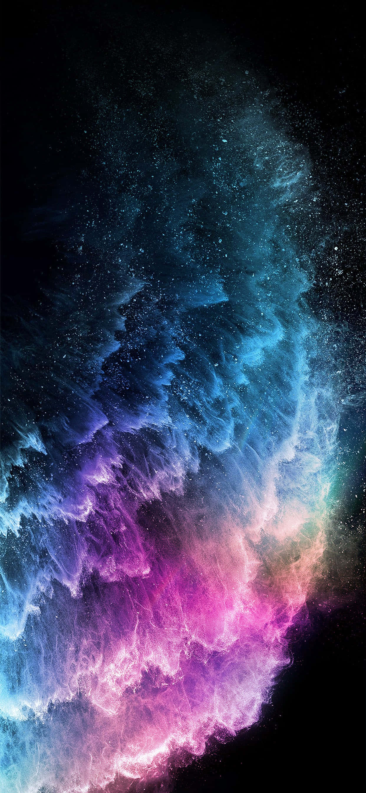 Apple iPhone Xs Max 桌布 壁紙 — 充滿活力的宇宙星雲在繁星點點的黑色虛空中以電光藍、紫和粉紅色旋轉。