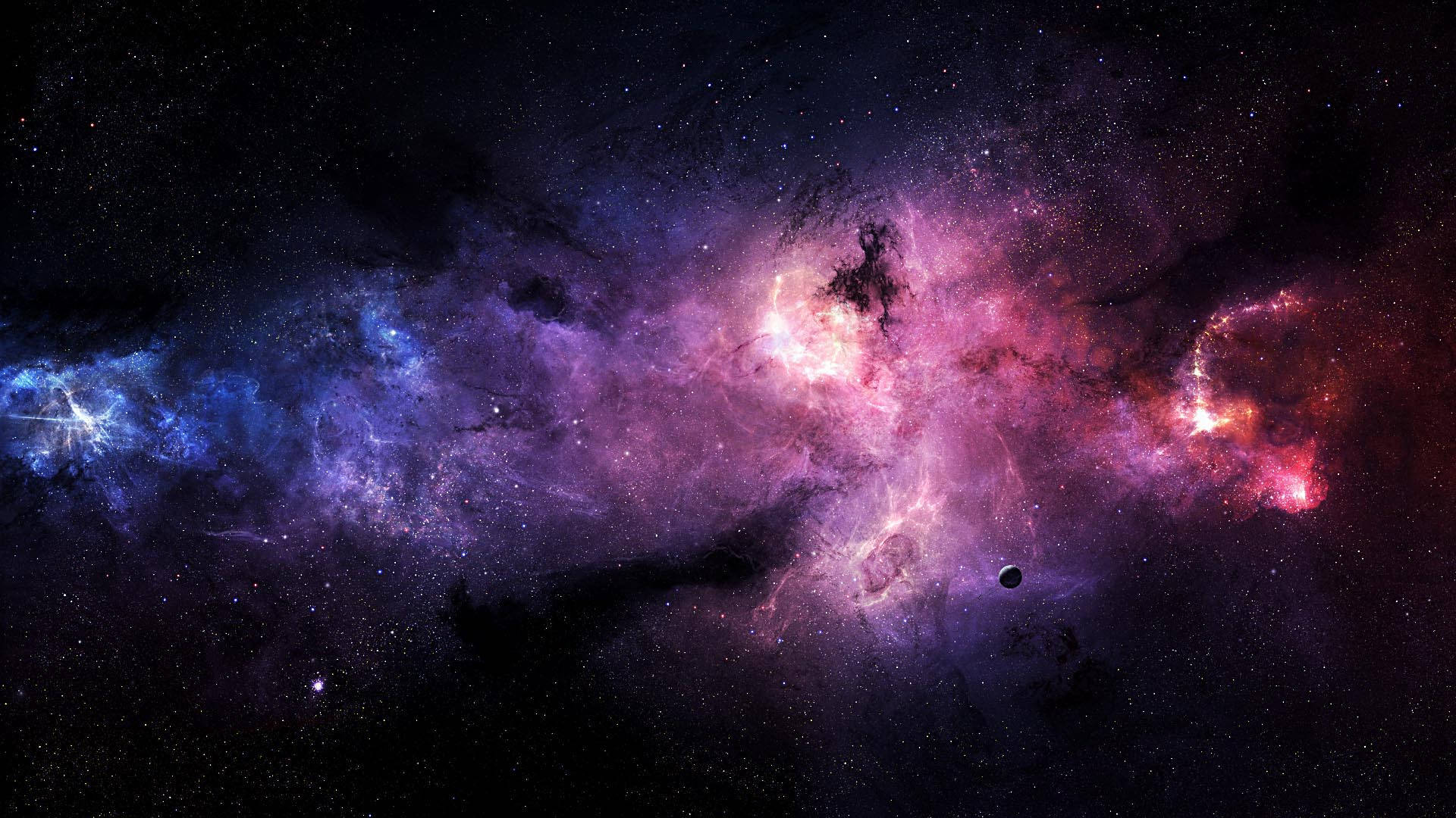 4K ultra HD galaxy 桌布 壁紙 — 充滿活力的宇宙星雲在電光紫、粉紅和藍色中旋轉，背景是星空，附近漂浮著一顆小行星。
