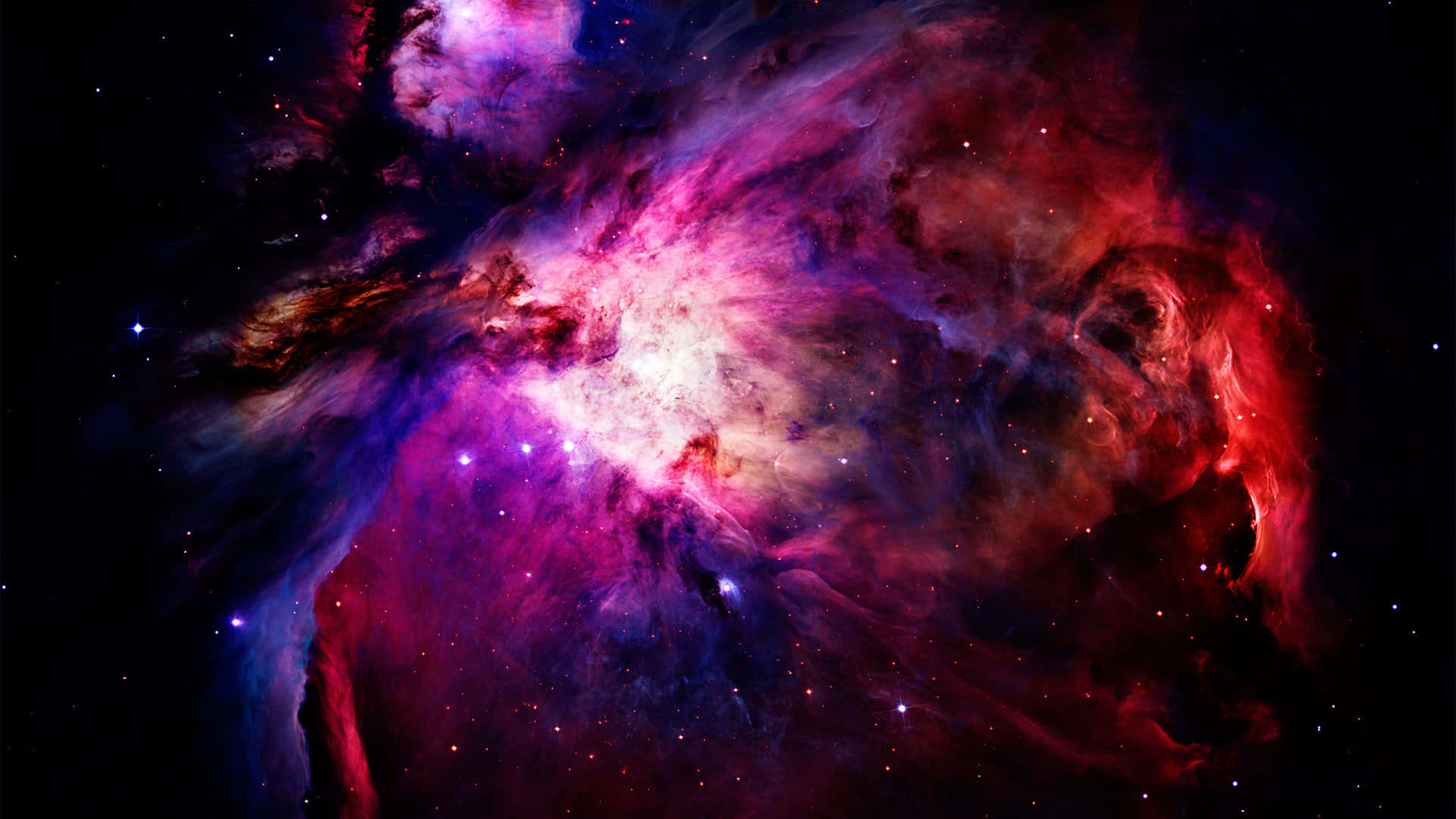 1920 X 1080 Nebula 桌布 壁紙 — 充滿活力的宇宙星雲在電光紫、紅和藍色中旋轉，背景是繁星點點的黑色虛空。