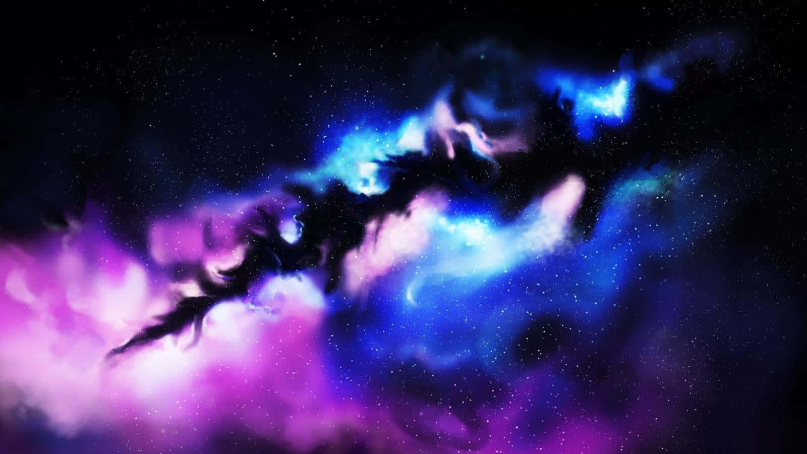 1600x900 桌布 壁紙 — 充滿活力的宇宙星雲在電光藍和紫色中旋轉，背景是佈滿星星的黑色虛空。