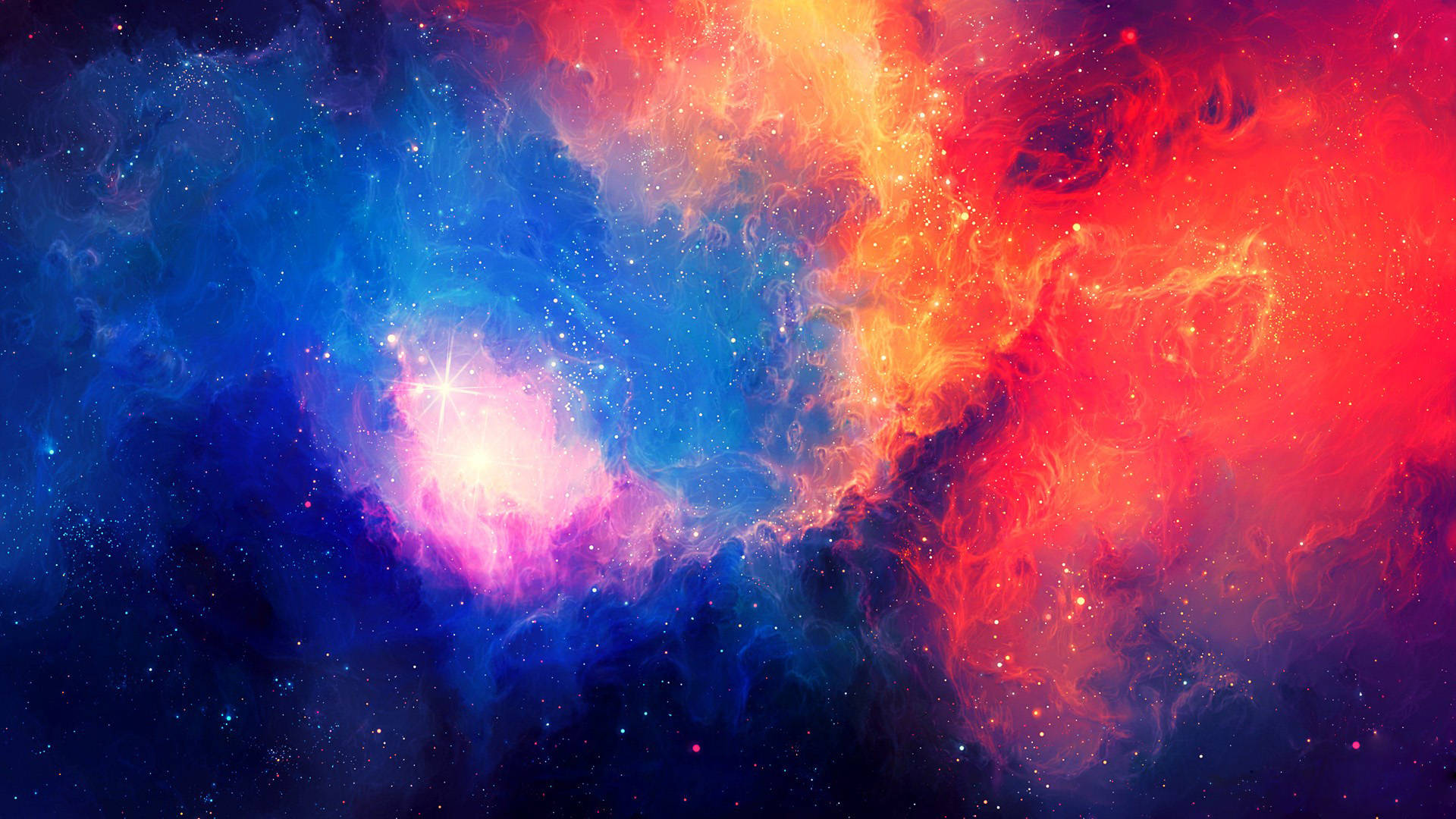 Colorful Galaxy 桌布 壁紙 — 充滿活力的宇宙星雲在黑暗的太空背景下以火紅和冷藍色旋轉，並有發光的星星。