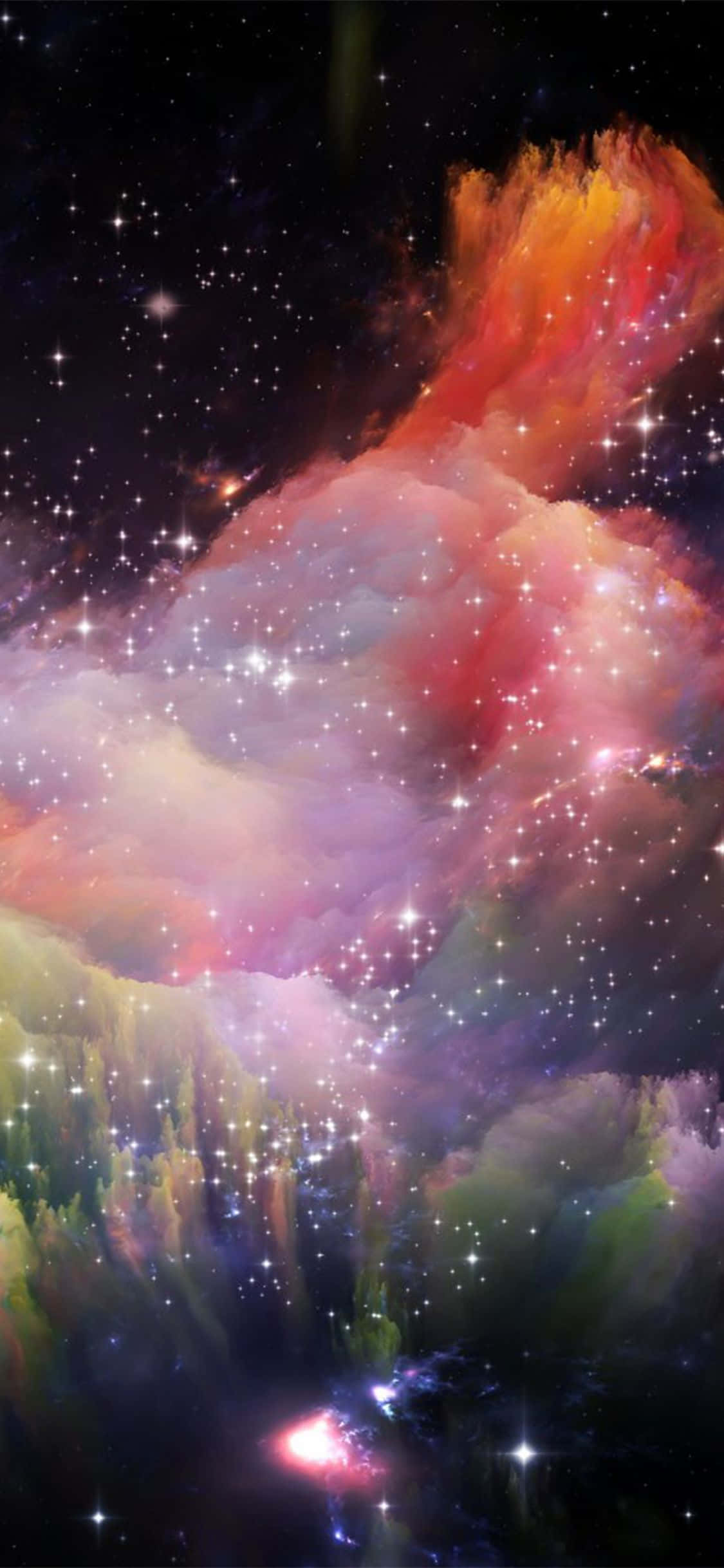 太空 桌布 壁紙 — 充滿活力的宇宙星雲在黑暗的宇宙天空下，以火紅、粉紅和綠色在星場中旋轉。