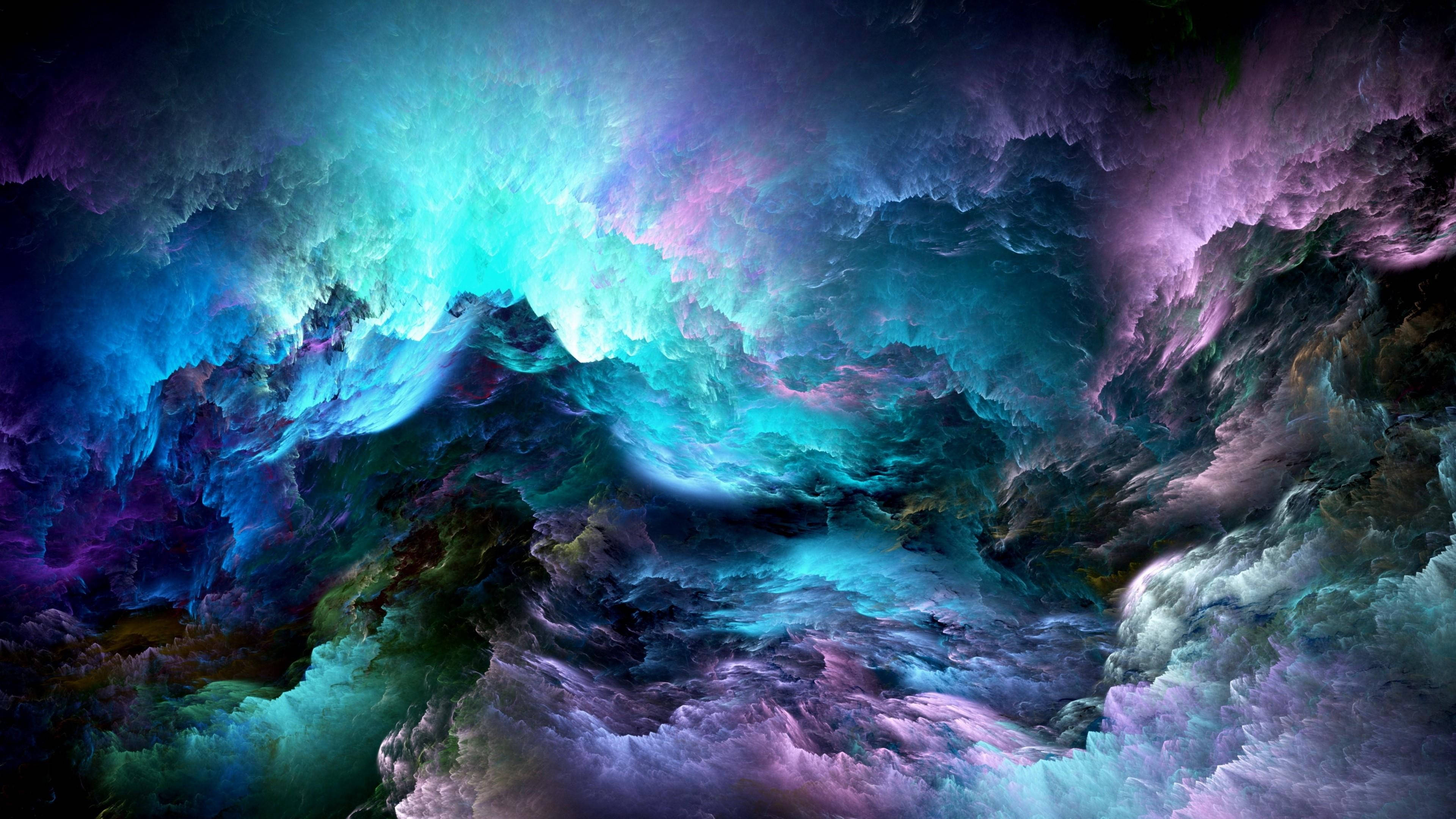 HD Design 桌布 壁紙 — 充滿活力的宇宙星雲在黑暗虛空中以電光藍、紫和青綠色旋轉。