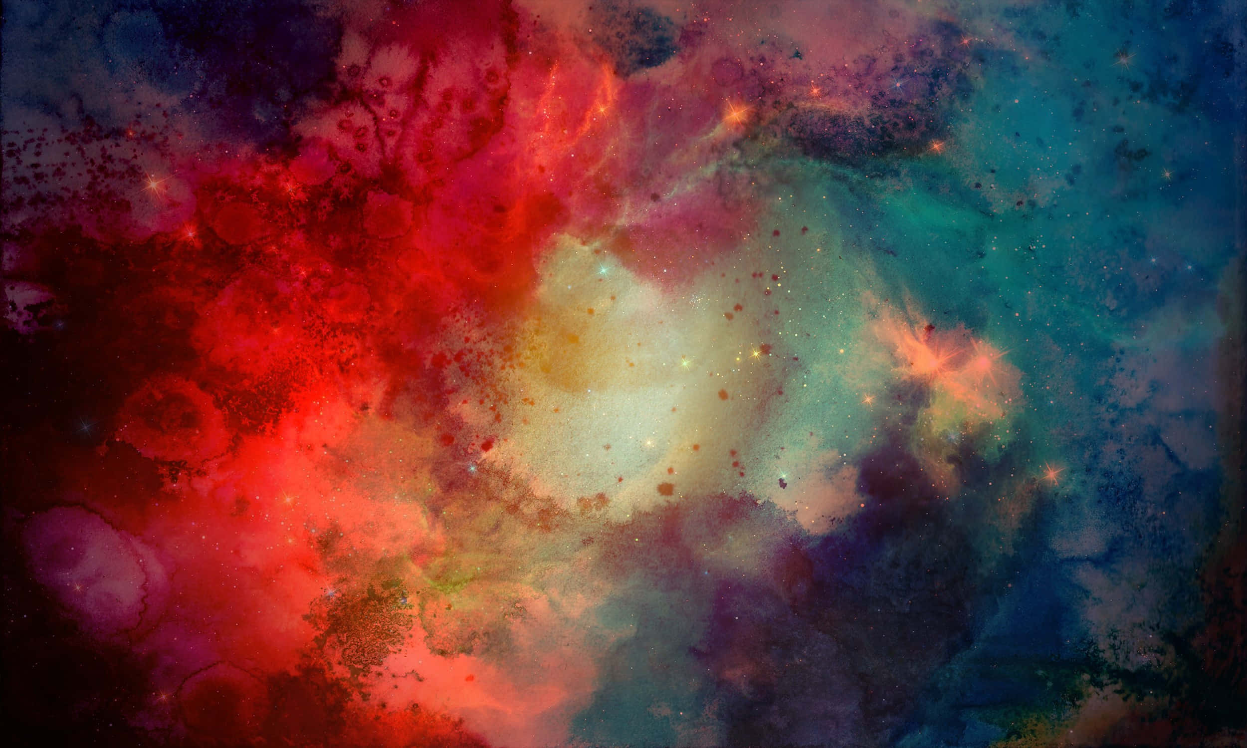 High Resolution Watercolor 桌布 壁紙 — 充滿活力的宇宙星雲在黑暗虛空中以紅色、藍綠色和金色旋轉，並散佈著星星。