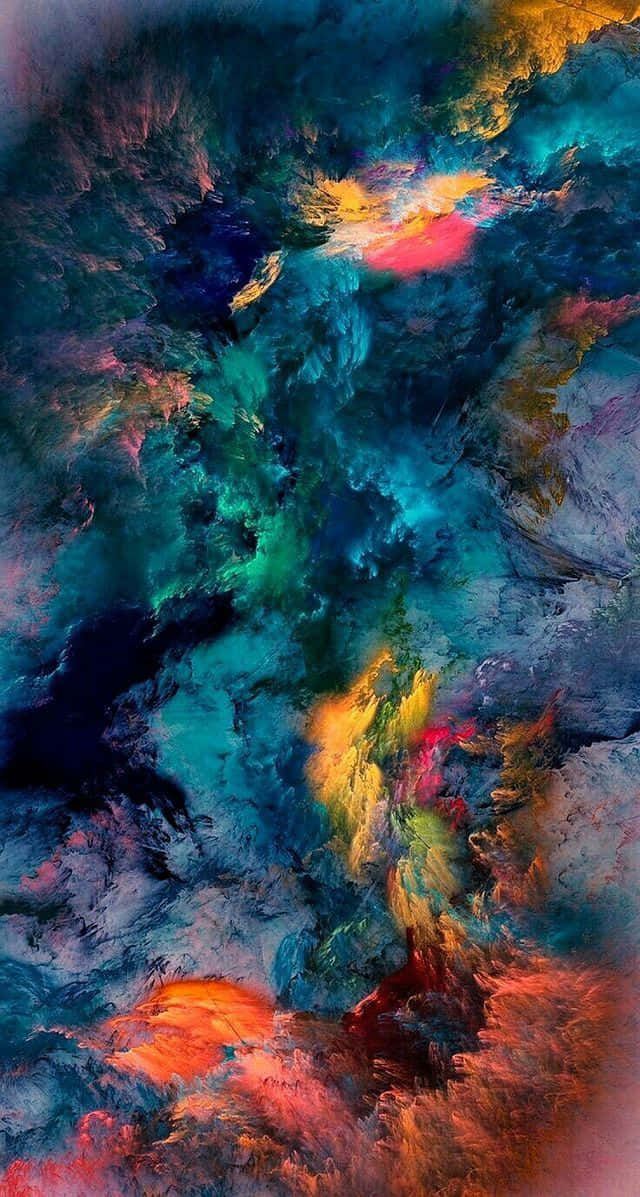 桌布 壁紙 — 充滿活力的宇宙星雲在黑暗虛空中旋轉，呈現電光藍、藍綠色和火橙色。